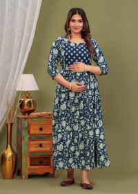 Navy Blue Printed Pure Rayon Cotton Maternity and Feeding Kurta