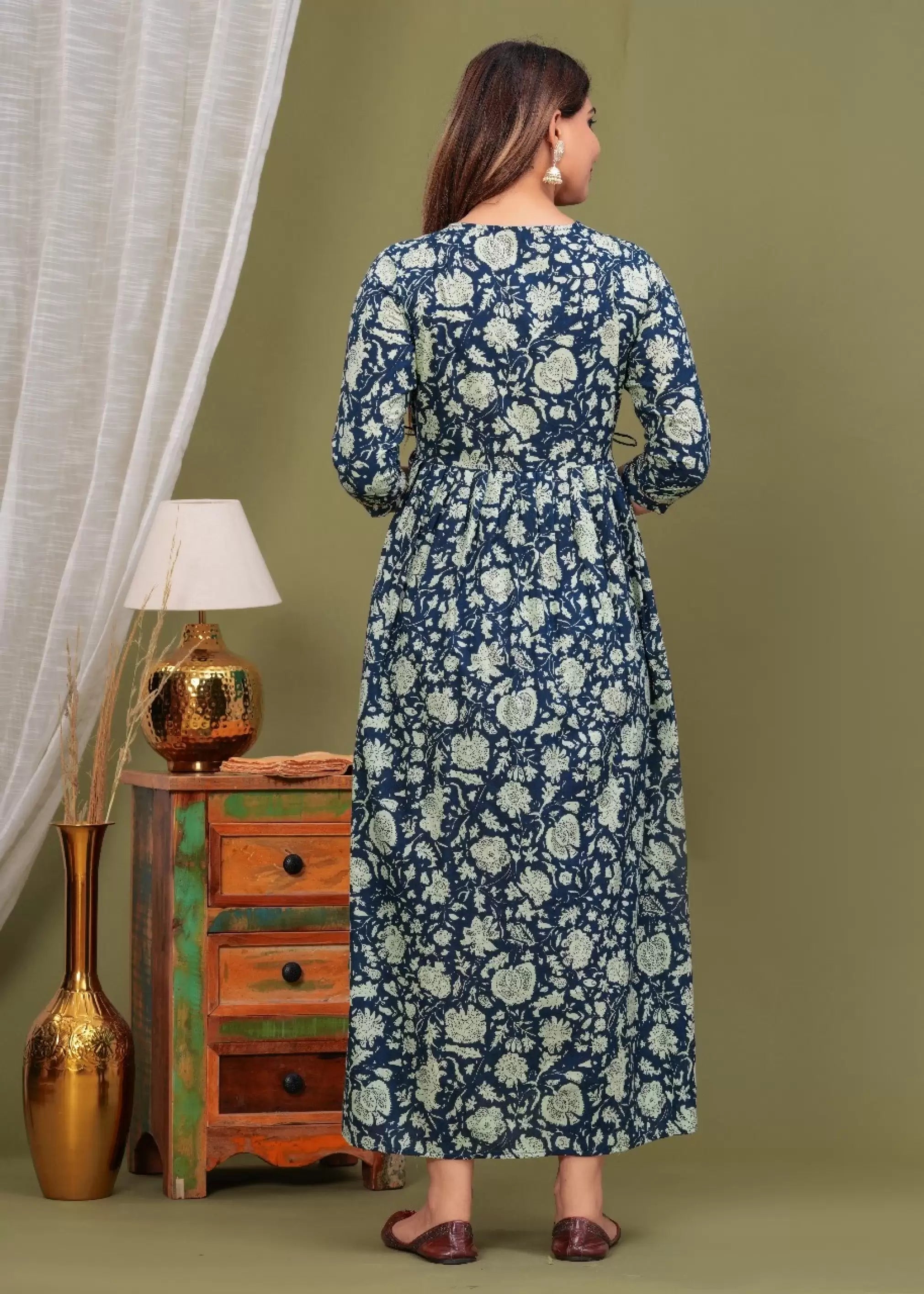 Navy Blue Printed Pure Rayon Cotton Maternity and Feeding Kurta