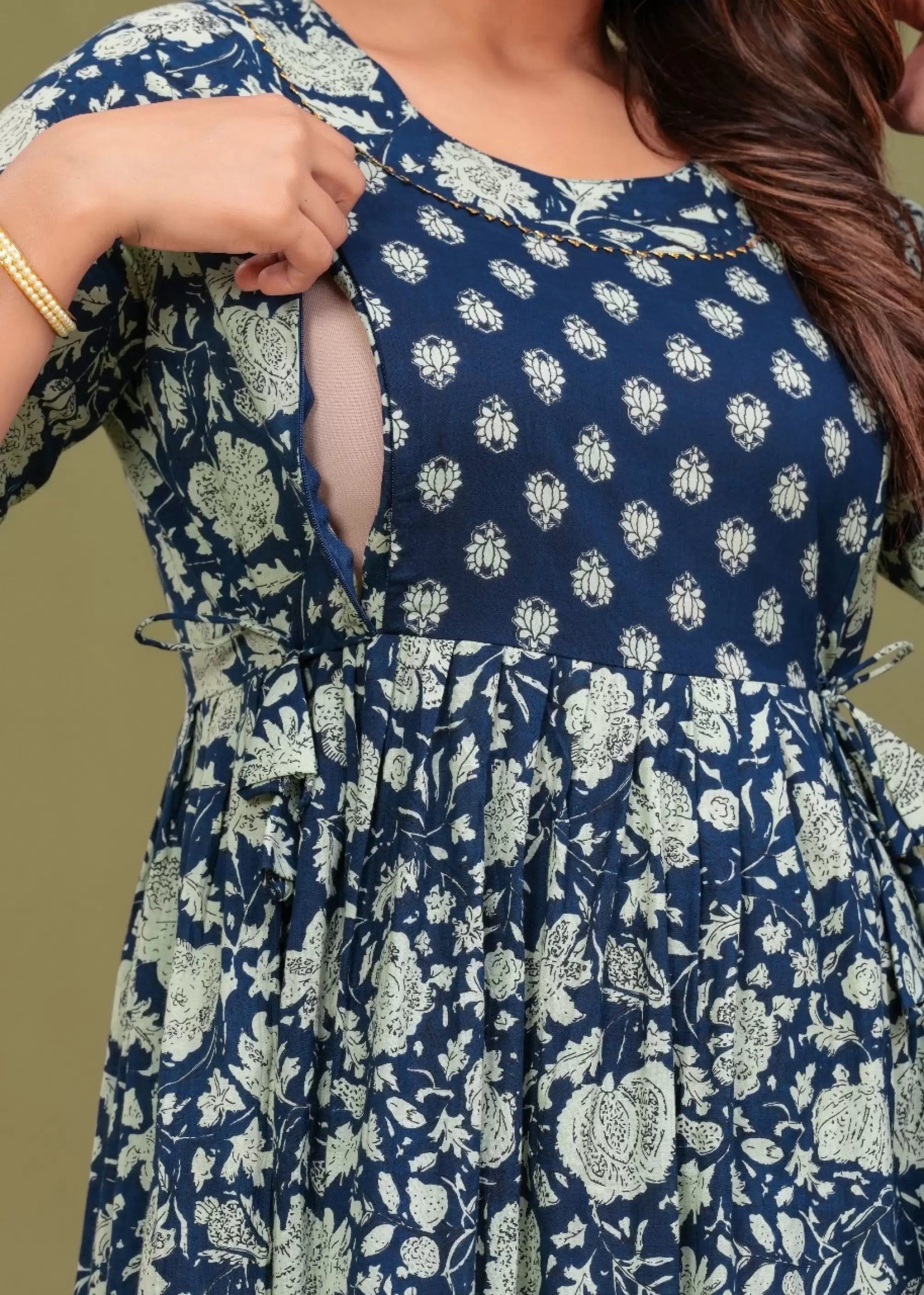 Navy Blue Printed Pure Rayon Cotton Maternity and Feeding Kurta
