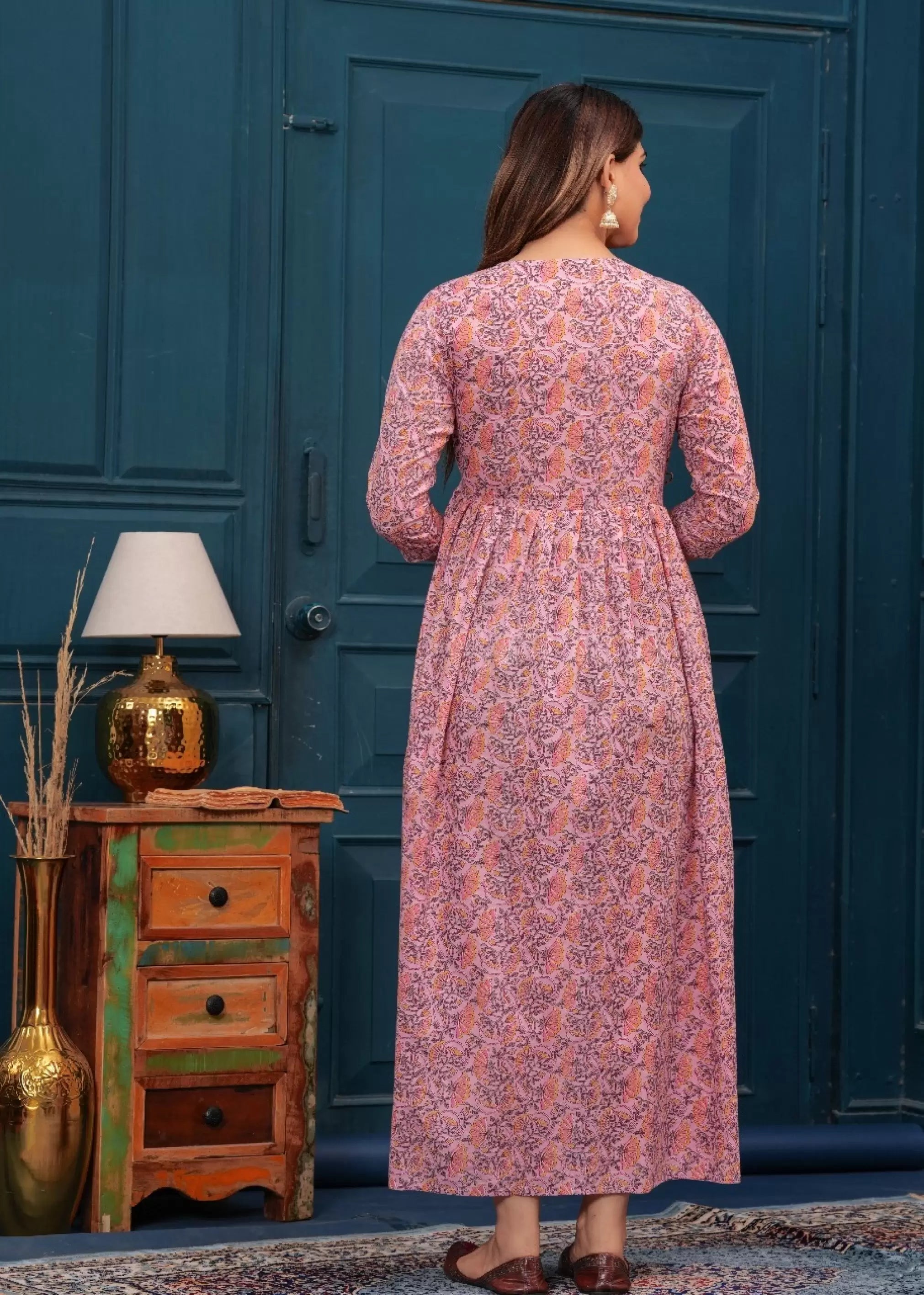 Light Pink Printed Pure Rayon Cotton Maternity and Feeding Kurta