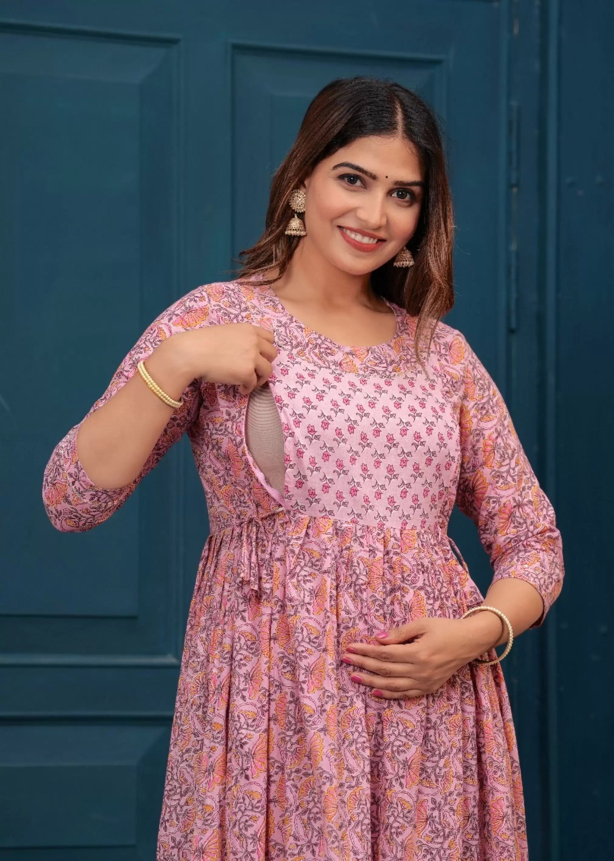 Light Pink Printed Pure Rayon Cotton Maternity and Feeding Kurta