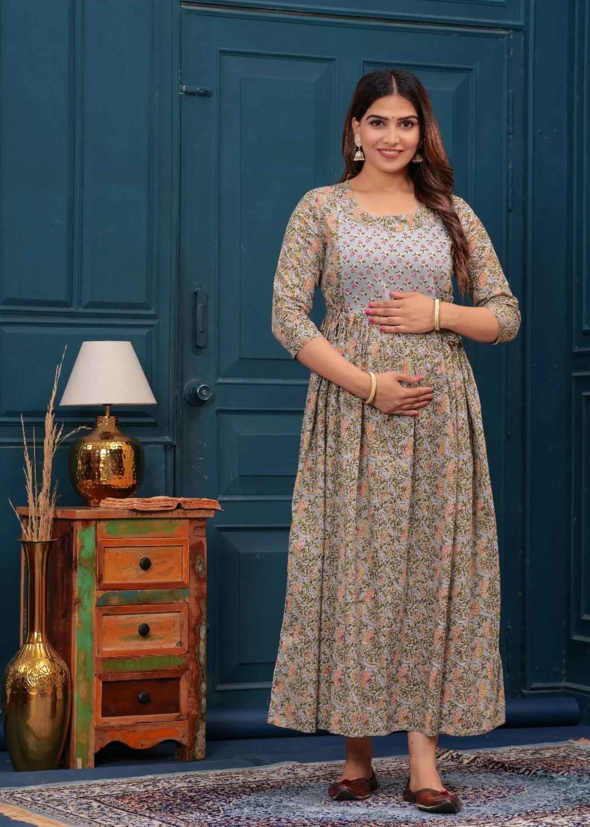 Light Grey Printed Pure Rayon Cotton Maternity and Feeding Kurta