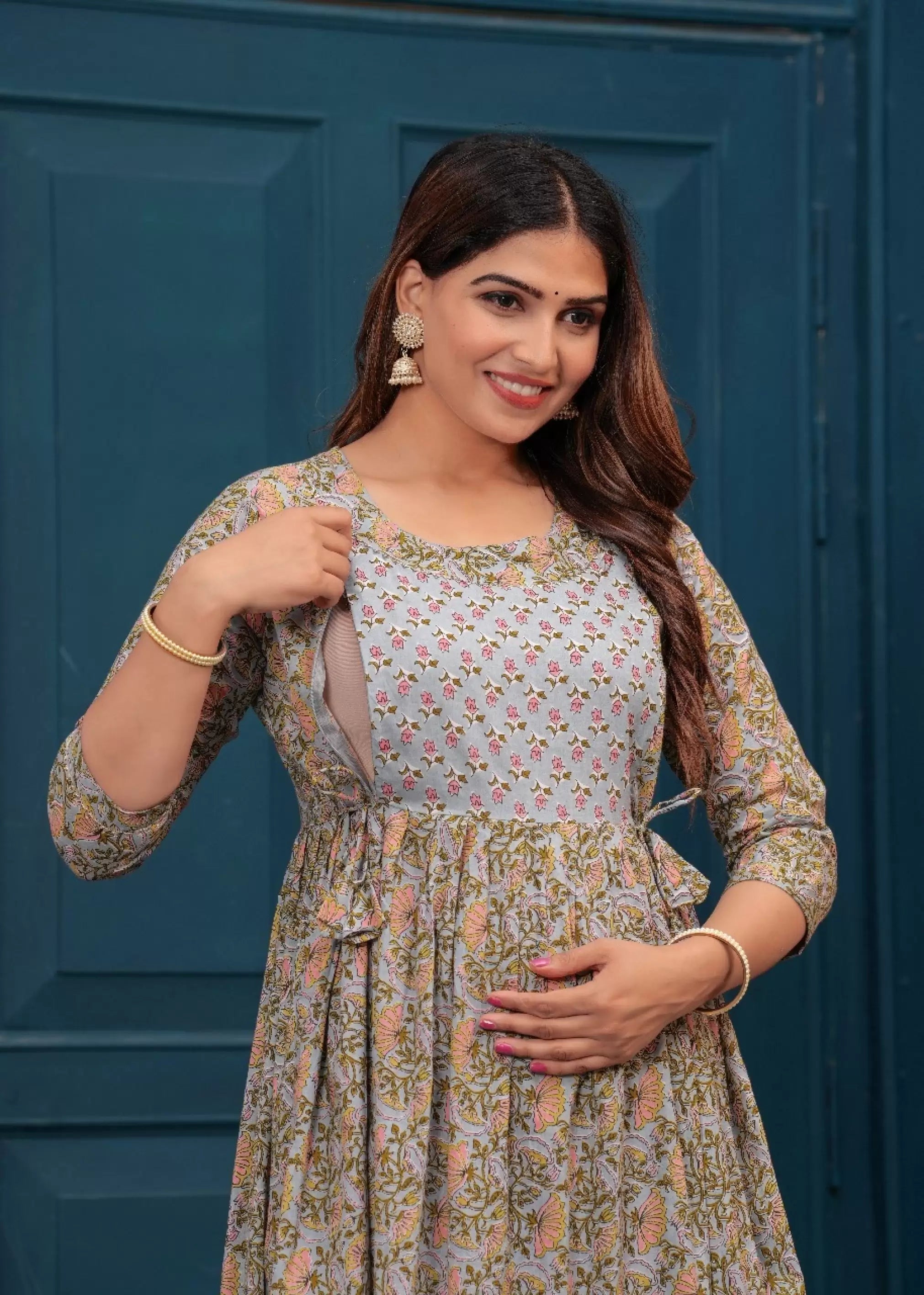 Light Grey Printed Pure Rayon Cotton Maternity and Feeding Kurta
