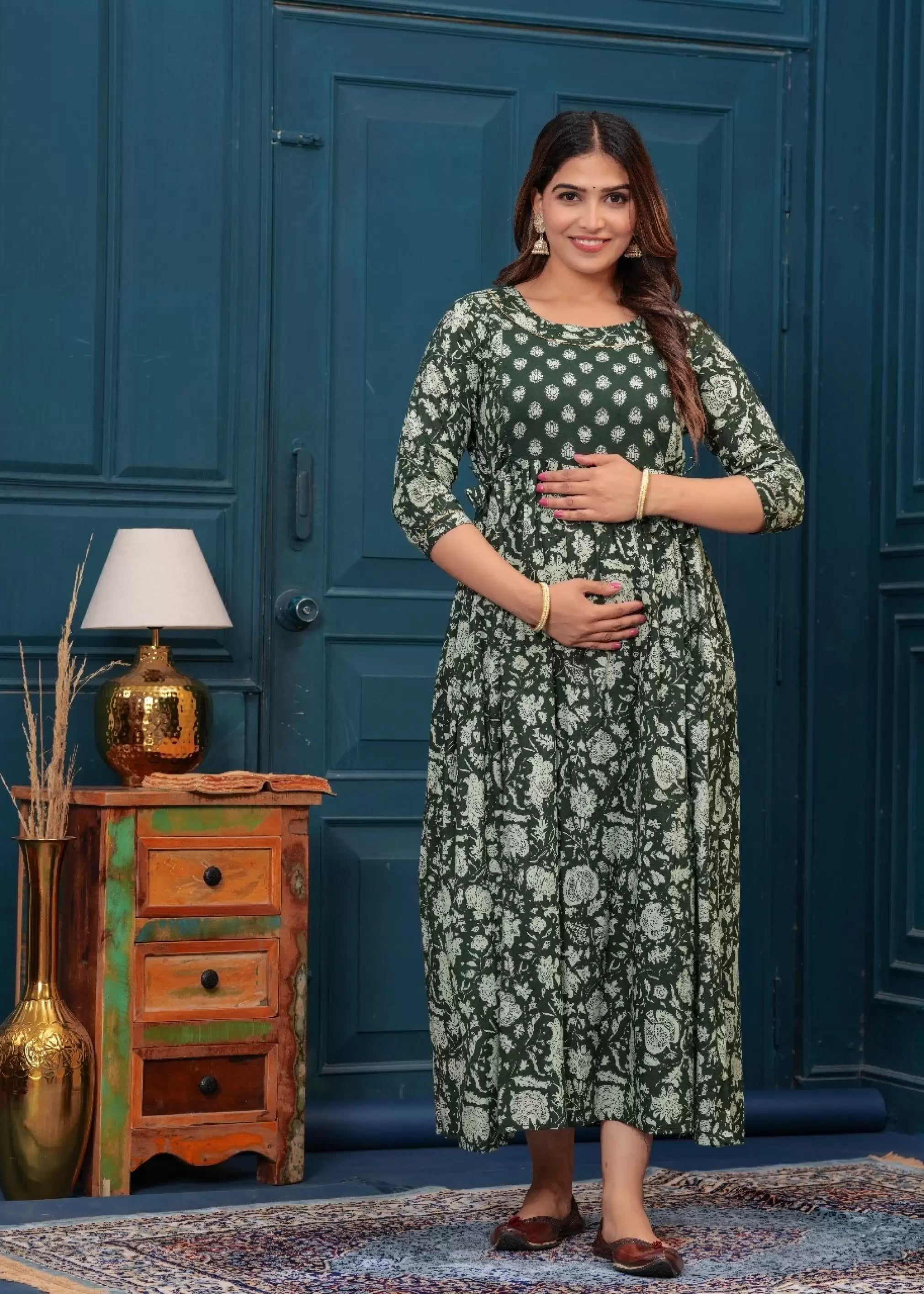 Dark Green Printed Pure Rayon Cotton Maternity and Feeding Kurta