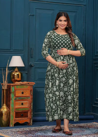 Dark Green Printed Pure Rayon Cotton Maternity and Feeding Kurta