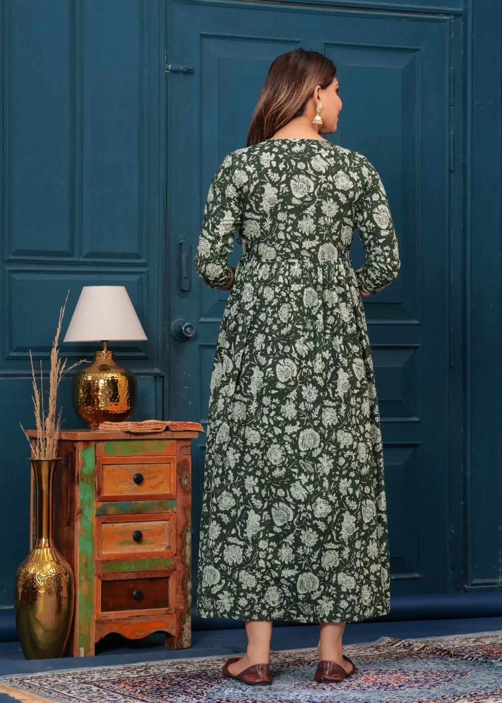 Dark Green Printed Pure Rayon Cotton Maternity and Feeding Kurta