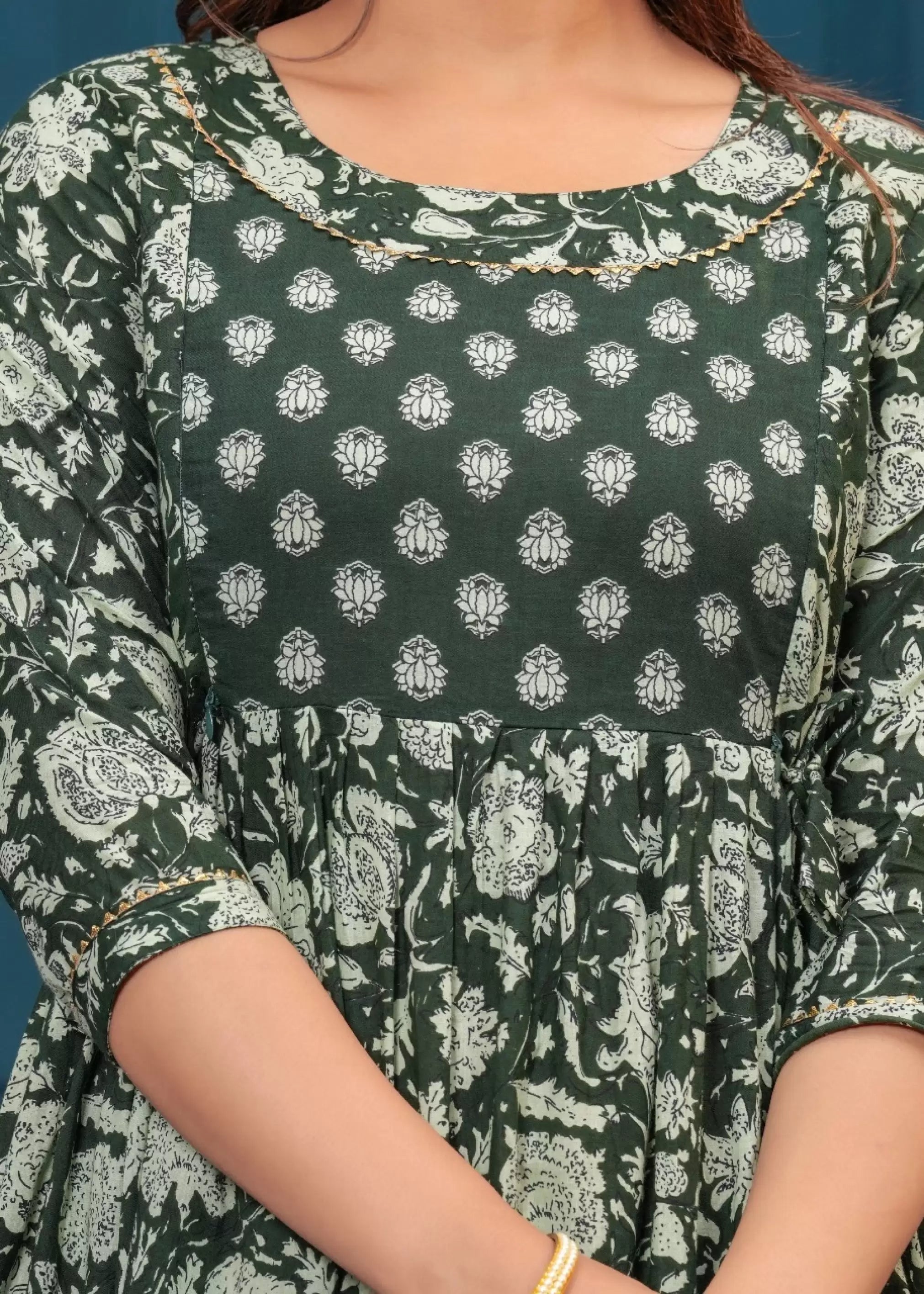 Dark Green Printed Pure Rayon Cotton Maternity and Feeding Kurta