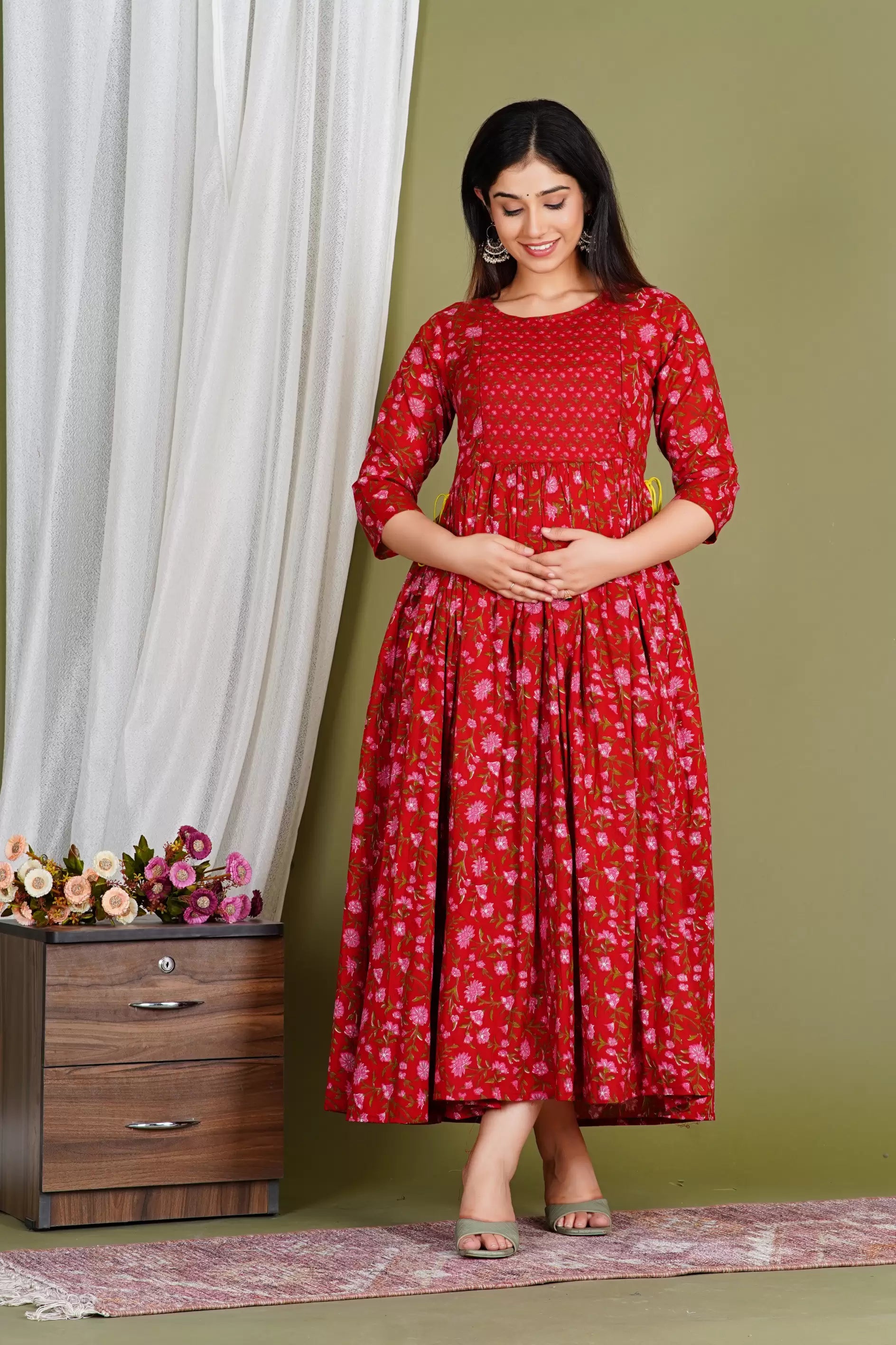 Red Printed Pure Rayon Cotton Maternity and Feeding Kurta