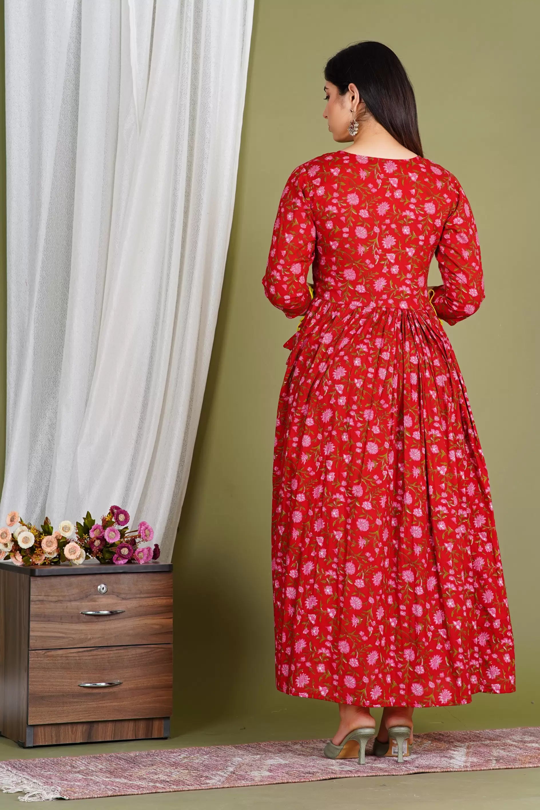 Red Printed Pure Rayon Cotton Maternity and Feeding Kurta