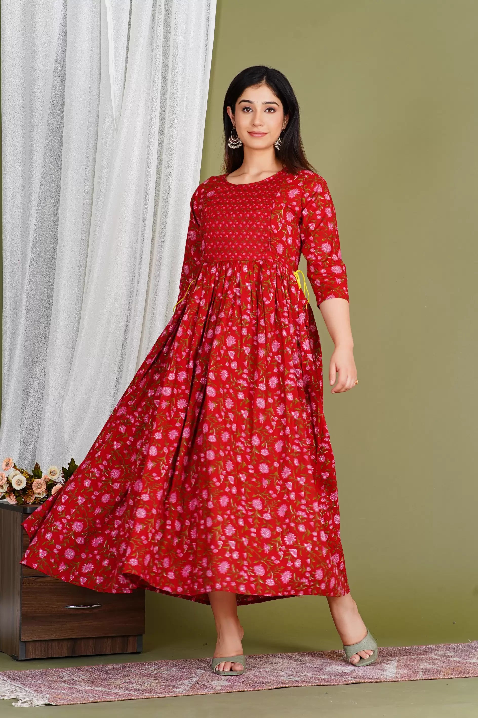 Red Printed Pure Rayon Cotton Maternity and Feeding Kurta