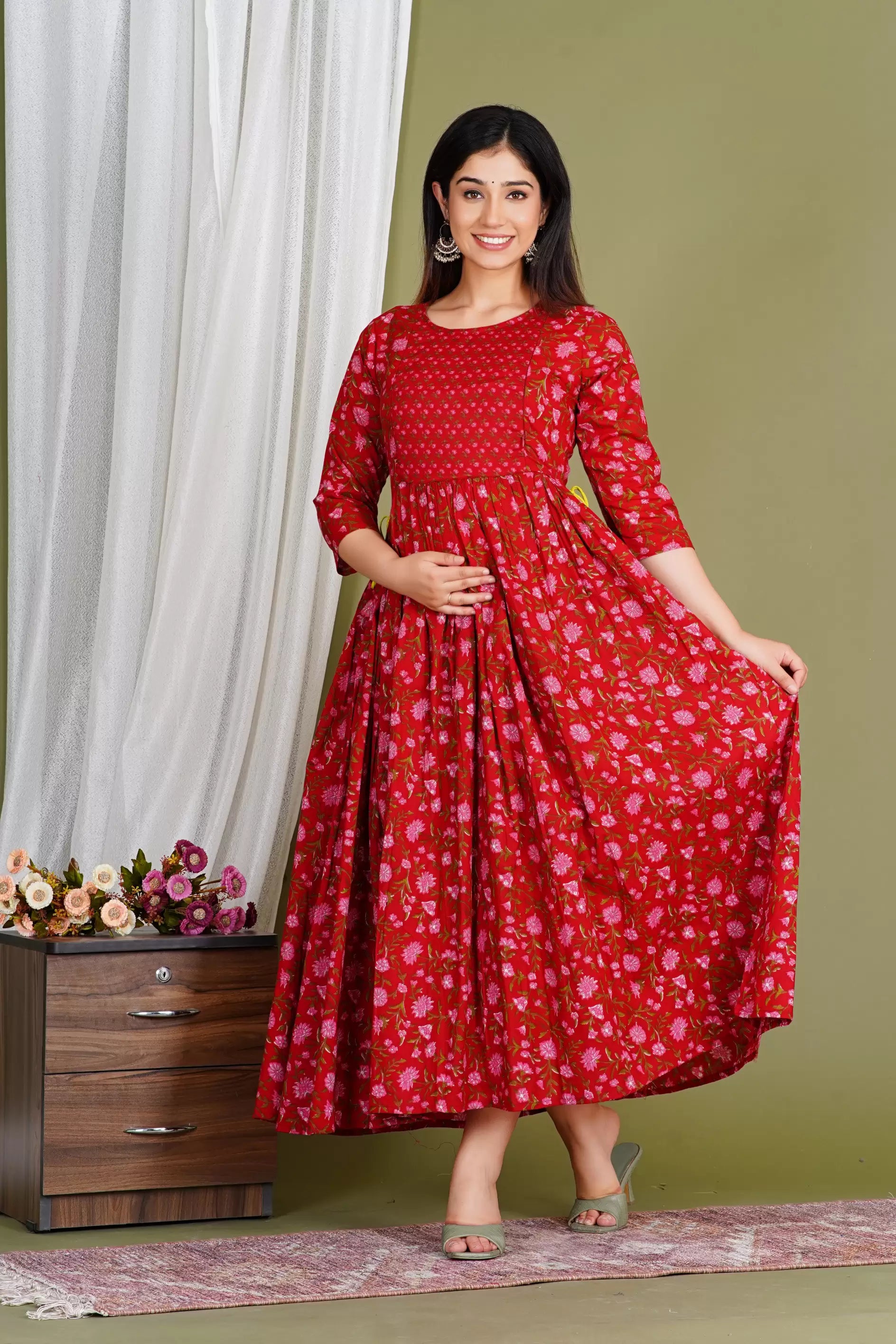Red Printed Pure Rayon Cotton Maternity and Feeding Kurta