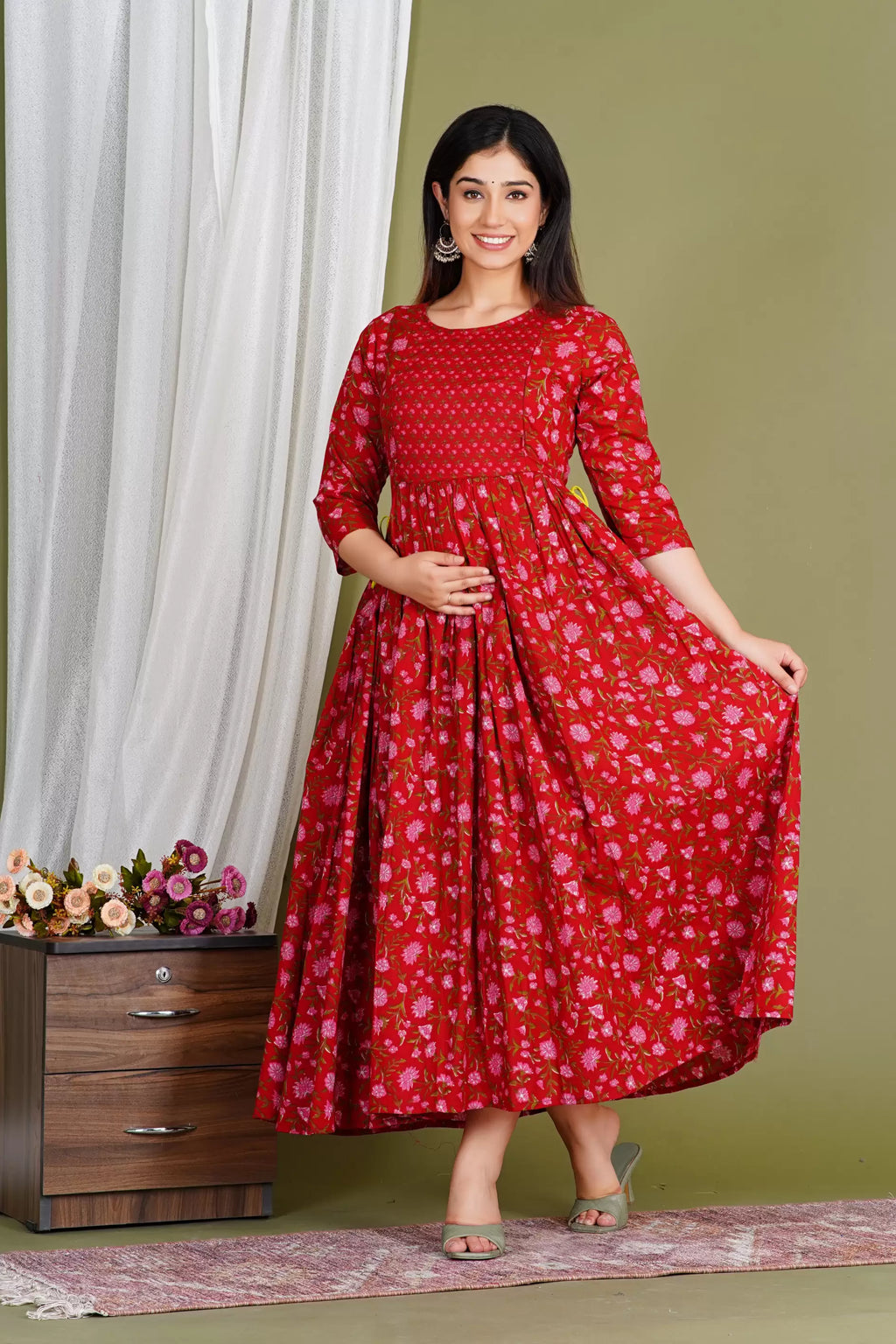 Beige Printed Pure Rayon Cotton Mateniry And Feeding Kurta