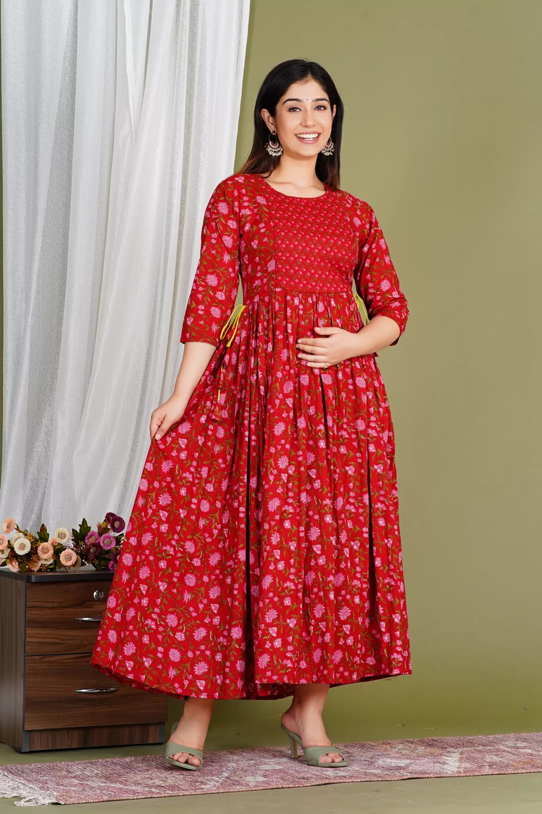 Red Printed Pure Rayon Cotton Maternity and Feeding Kurta