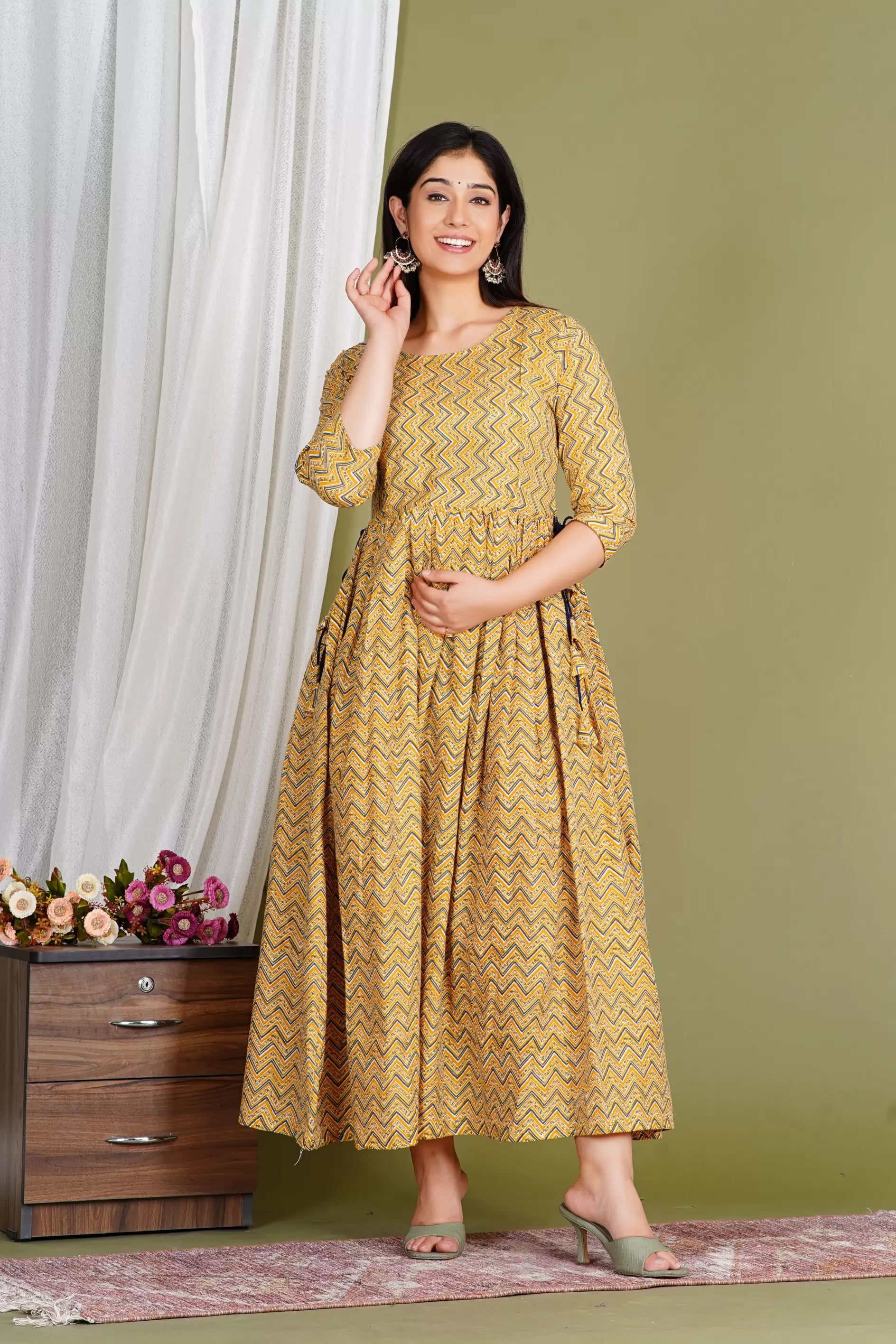 Yellow Printed Pure Rayon Cotton Maternity and Feeding Kurta