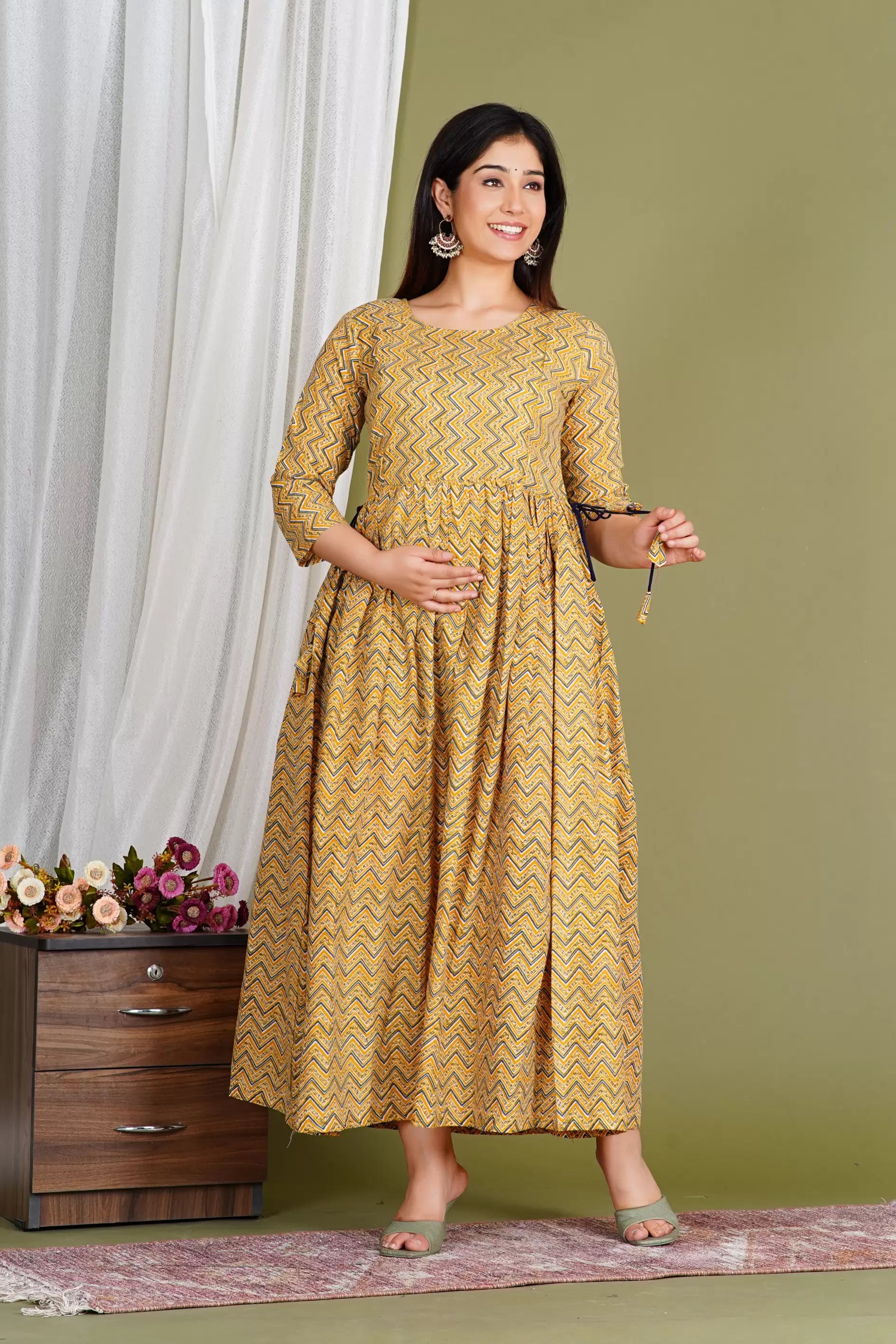 Yellow Printed Pure Rayon Cotton Maternity and Feeding Kurta