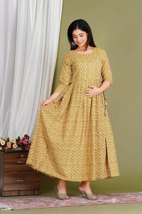 Yellow Printed Pure Rayon Cotton Maternity and Feeding Kurta