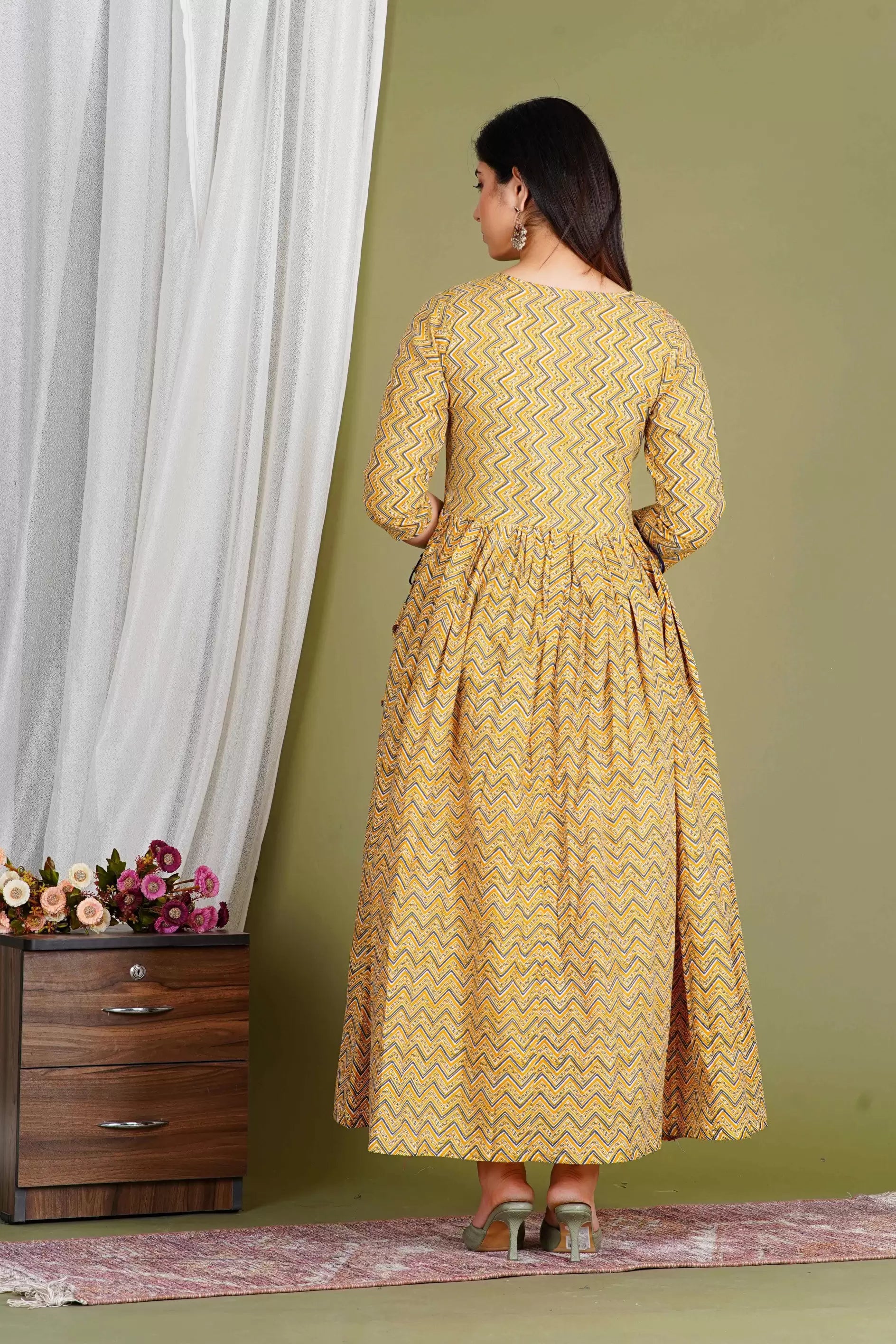 Yellow Printed Pure Rayon Cotton Maternity and Feeding Kurta
