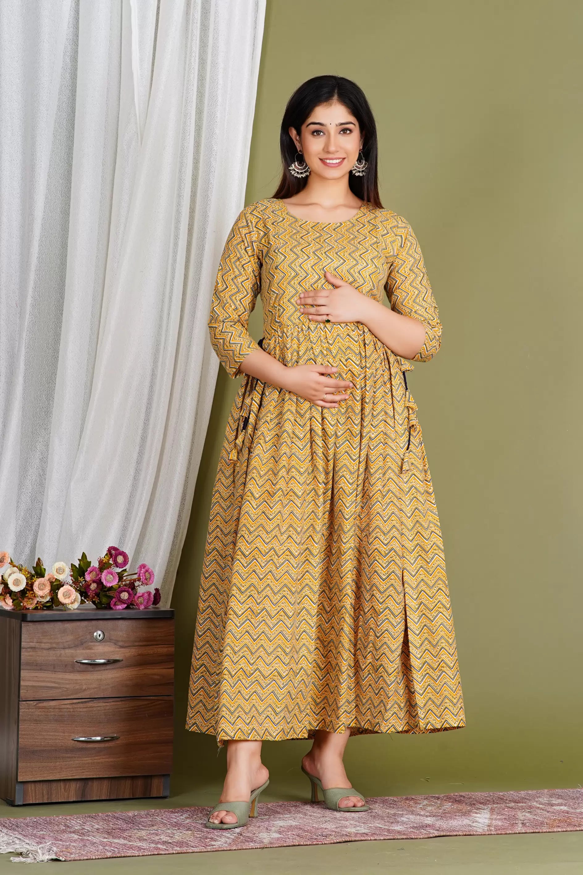 Yellow Printed Pure Rayon Cotton Maternity and Feeding Kurta