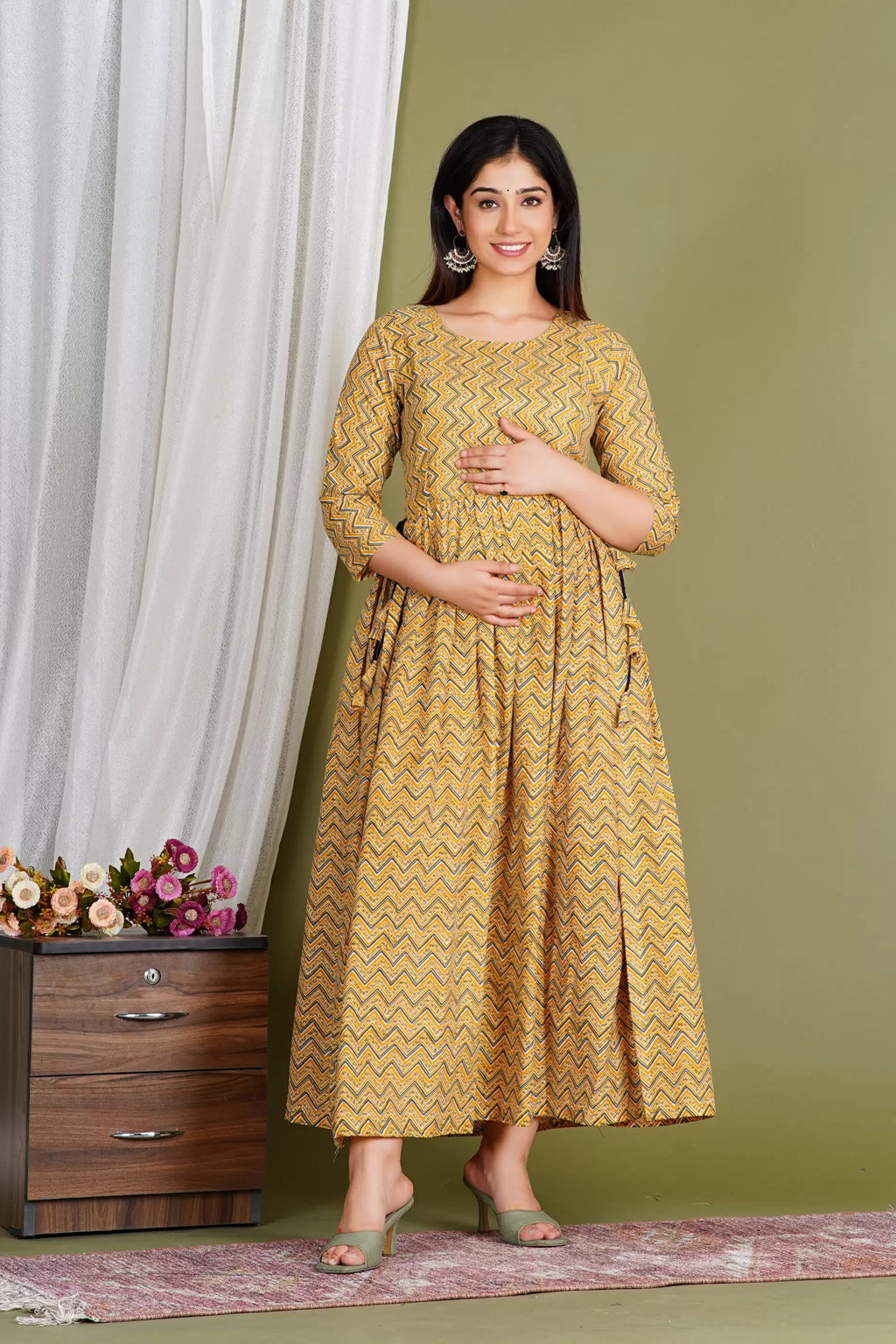 Beige Printed Pure Rayon Cotton Mateniry And Feeding Kurta