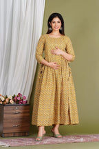Beige Printed Pure Rayon Cotton Mateniry And Feeding Kurta