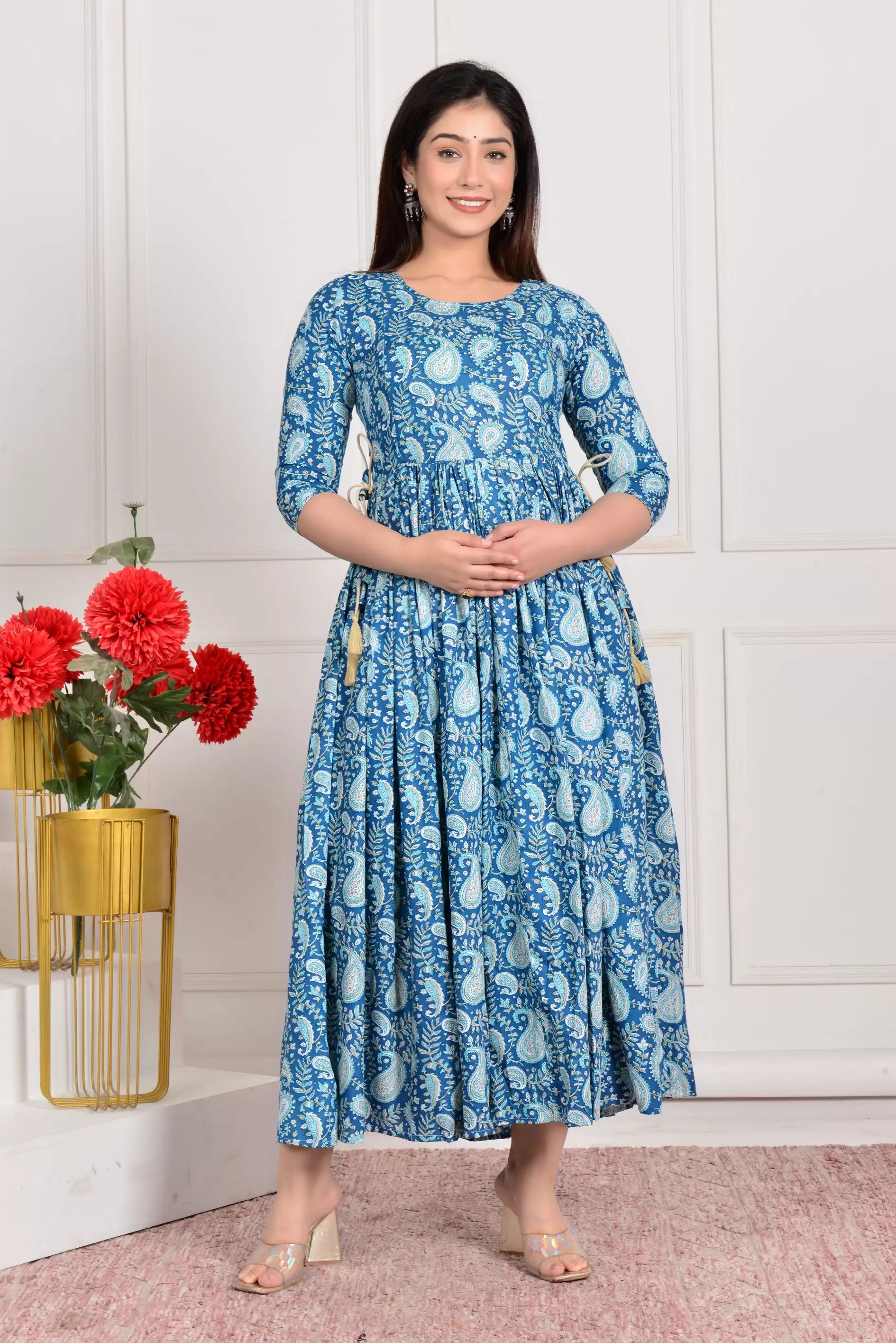 Light Blue Printed Pure Rayon Cotton Maternity and Feeding Kurta