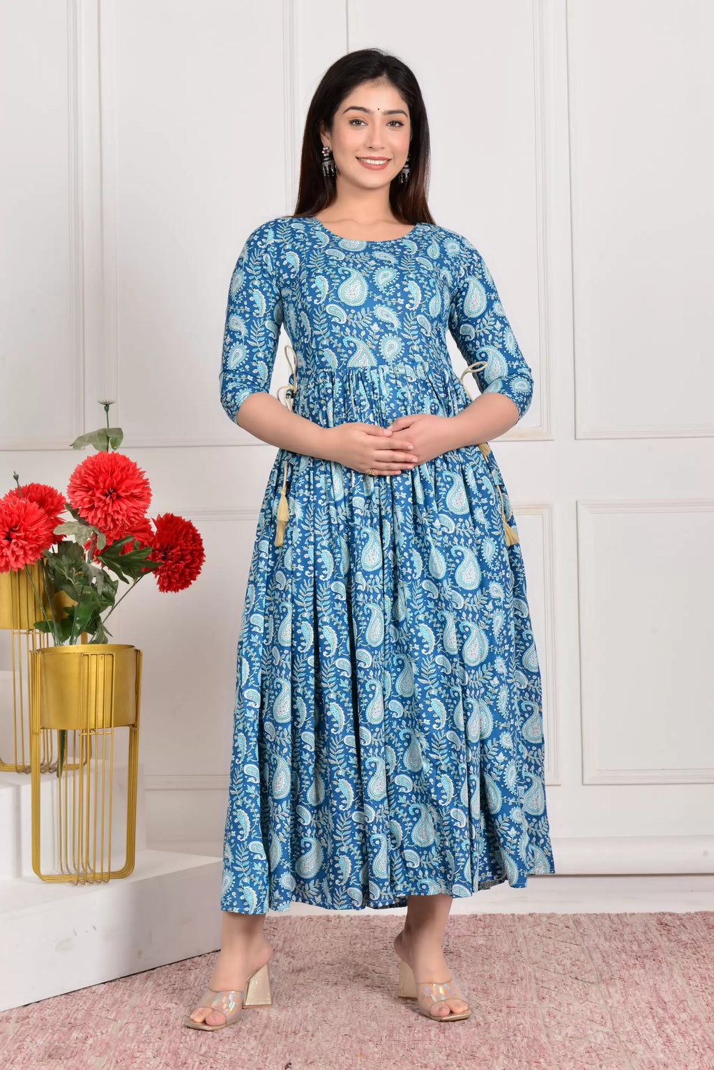 Beige Printed Pure Rayon Cotton Mateniry And Feeding Kurta