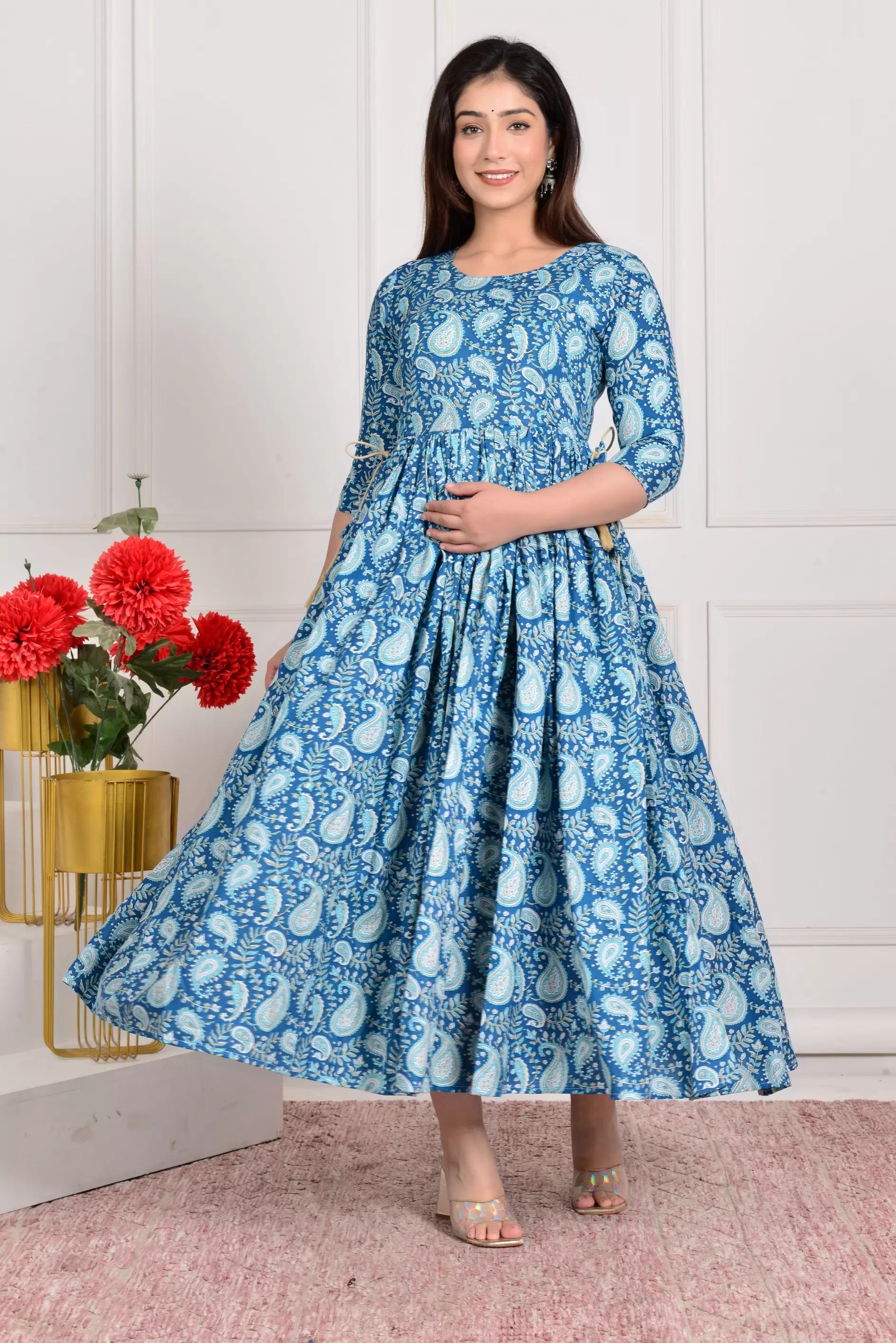 Light Blue Printed Pure Rayon Cotton Maternity and Feeding Kurta