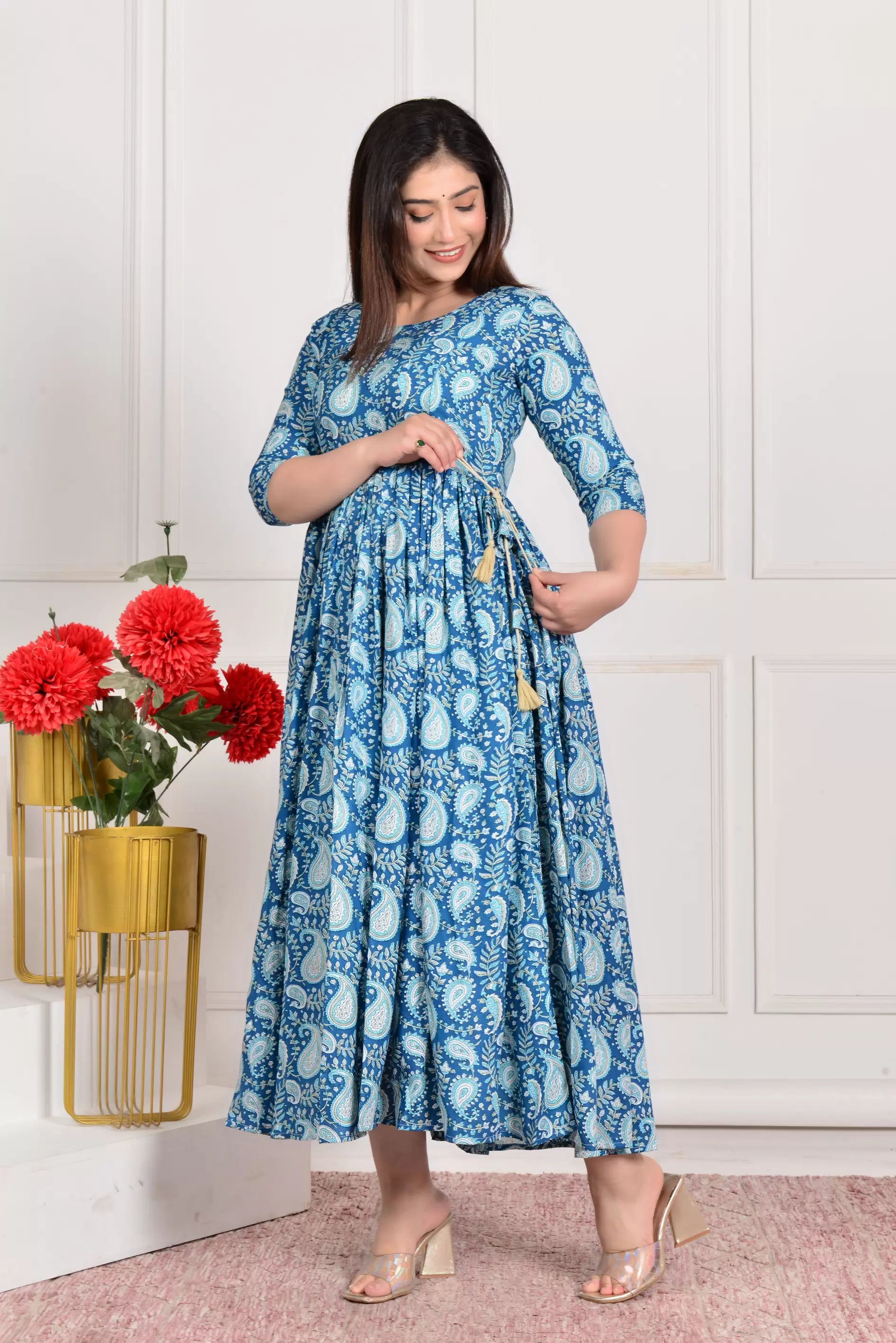 Light Blue Printed Pure Rayon Cotton Maternity and Feeding Kurta