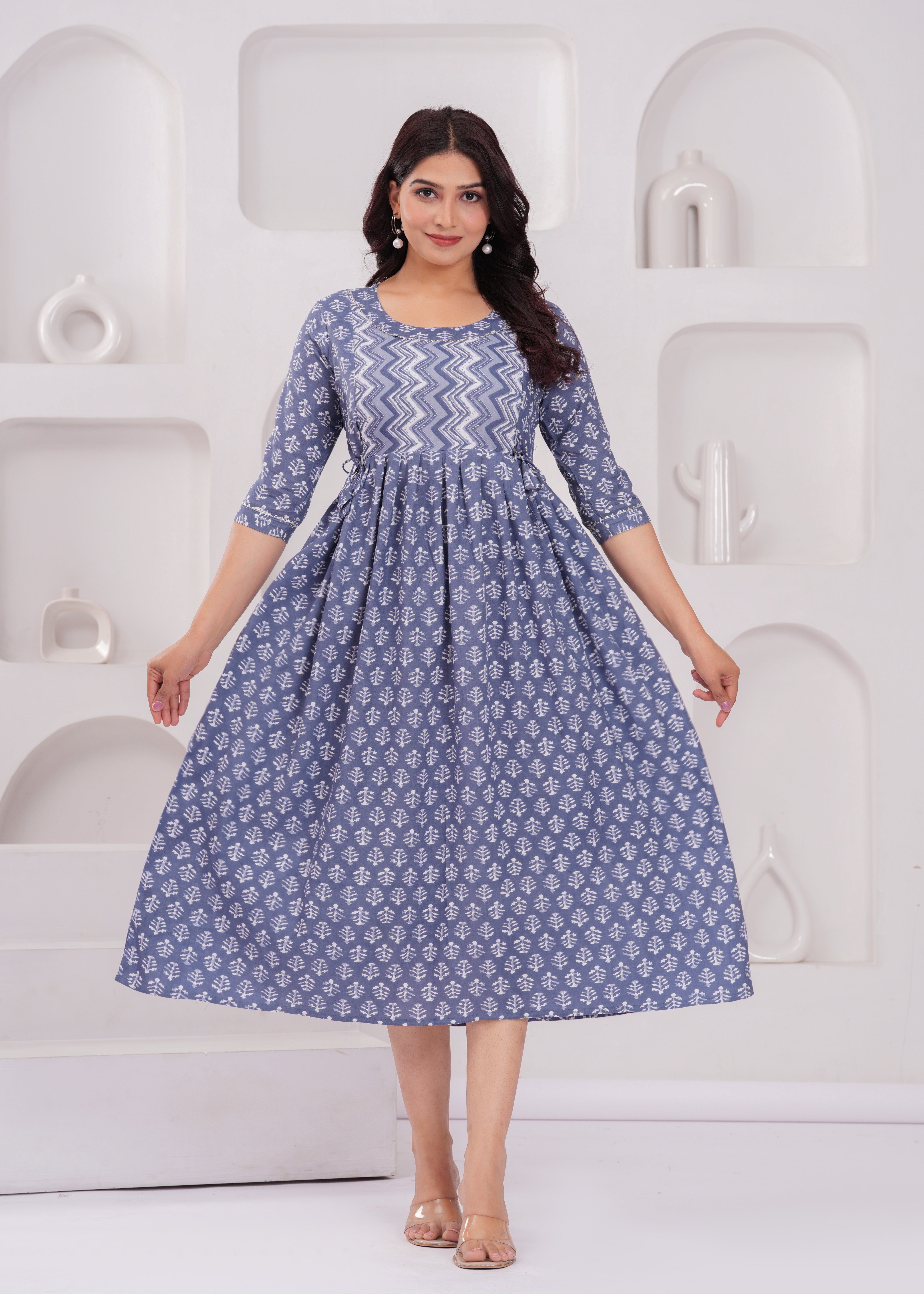 Indigo Blue Printed Pure Rayon Cotton Maternity and Feeding Kurta