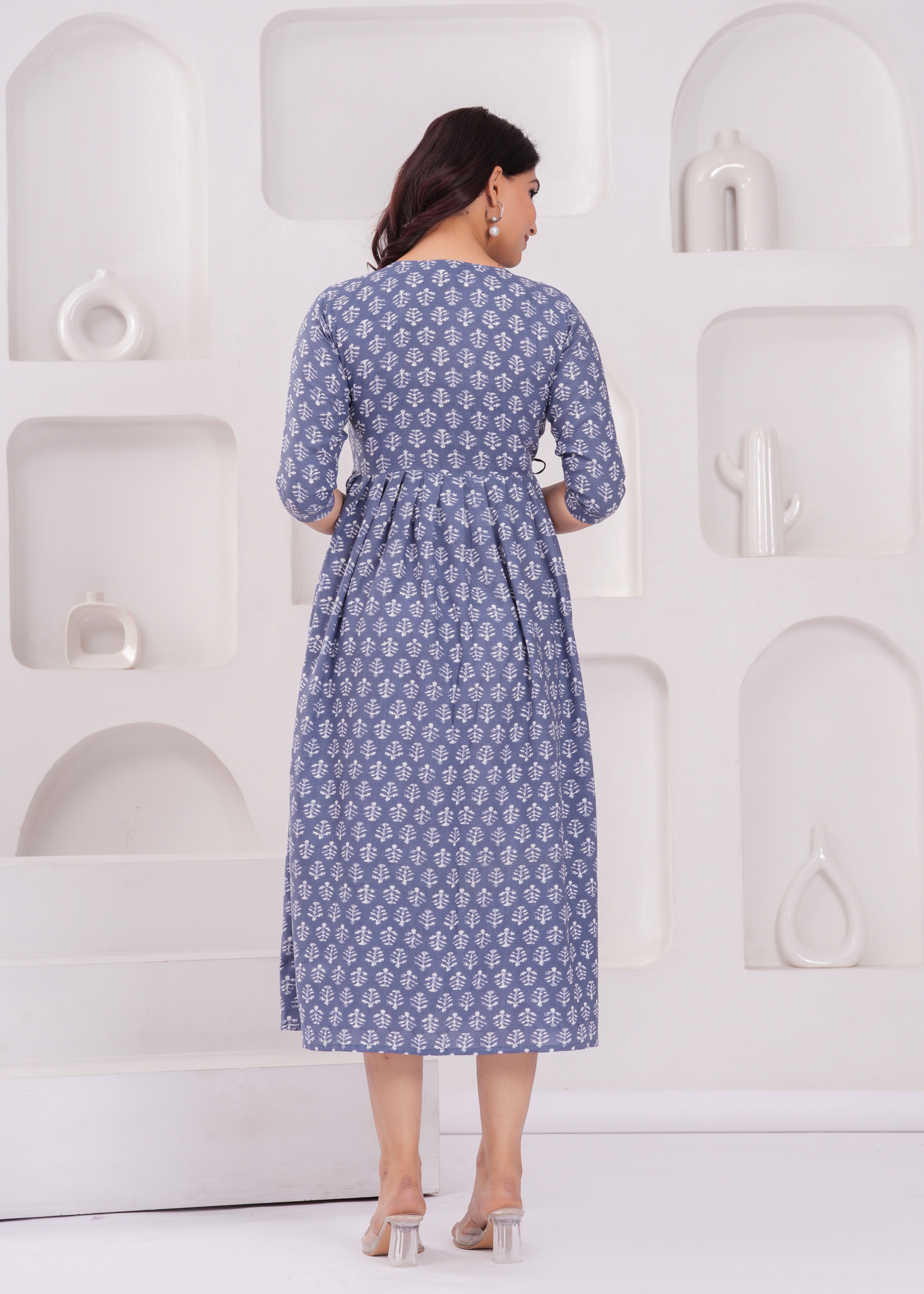 Indigo Blue Printed Pure Rayon Cotton Maternity and Feeding Kurta