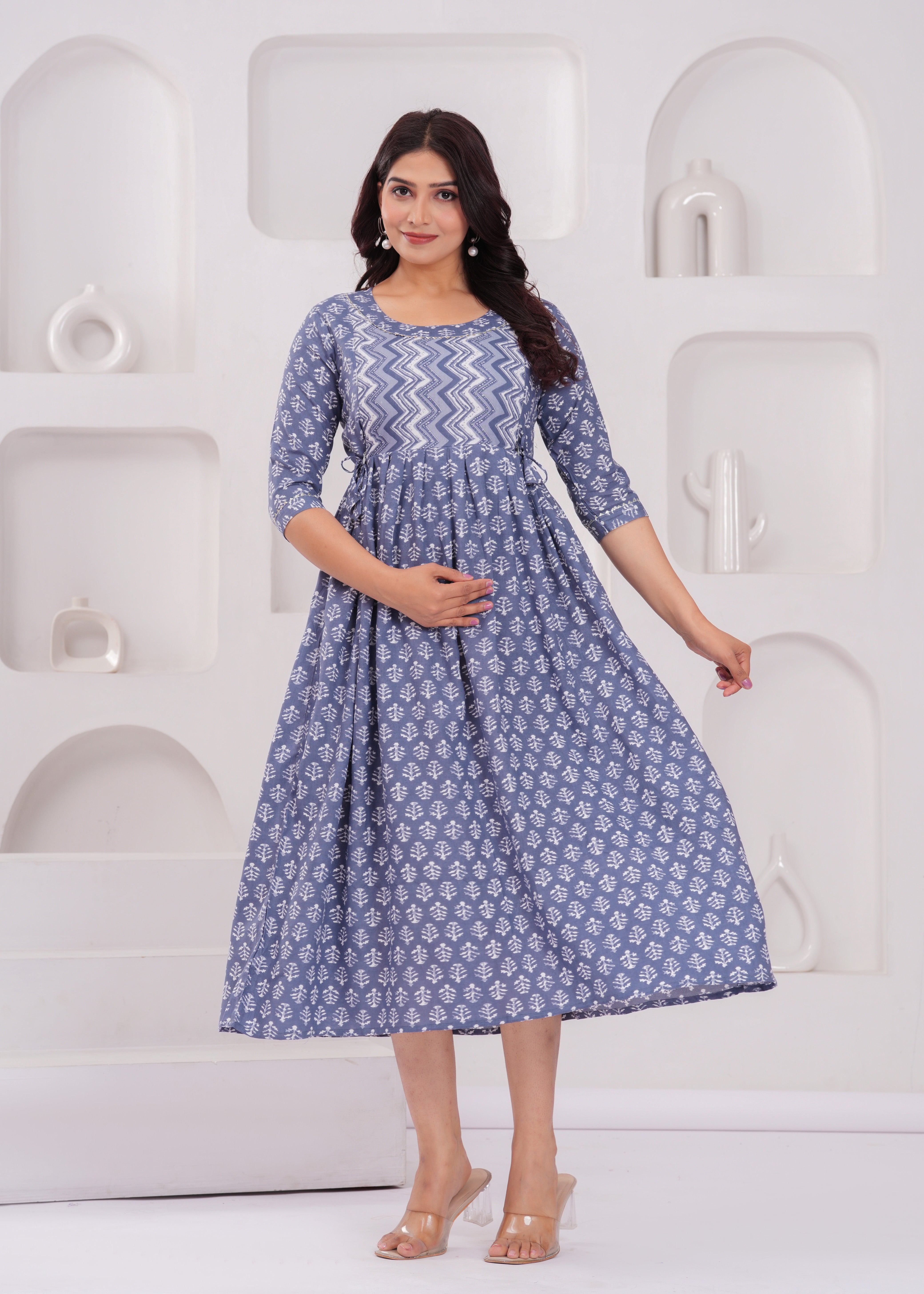 Indigo Blue Printed Pure Rayon Cotton Maternity and Feeding Kurta