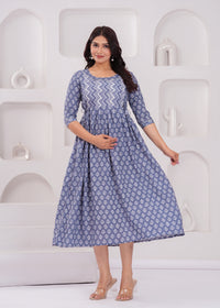 Indigo Blue Printed Pure Rayon Cotton Maternity and Feeding Kurta