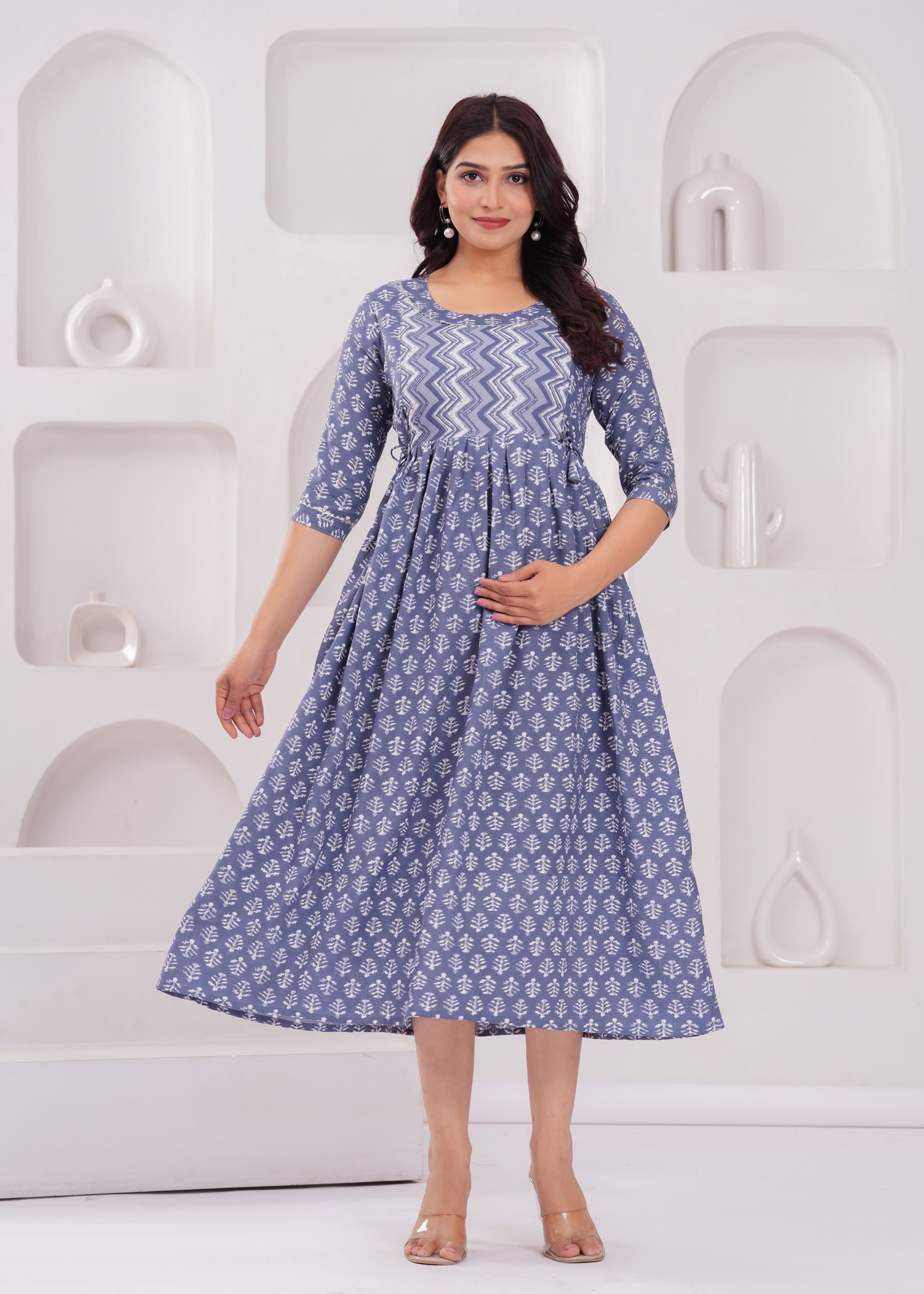 Indigo Blue Printed Pure Rayon Cotton Maternity and Feeding Kurta