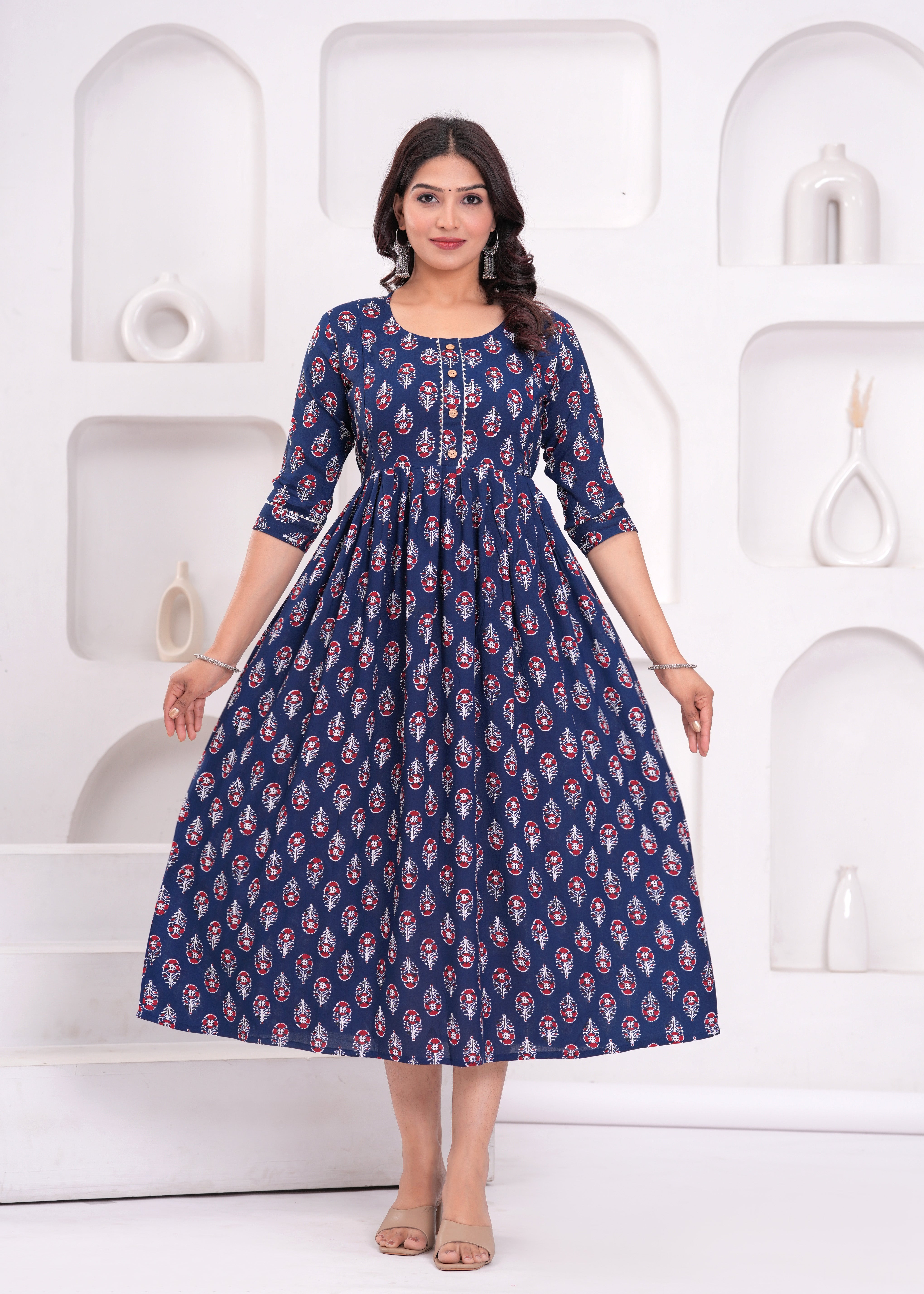 Dark Blue Printed Pure Rayon Cotton Maternity and Feeding Kurta