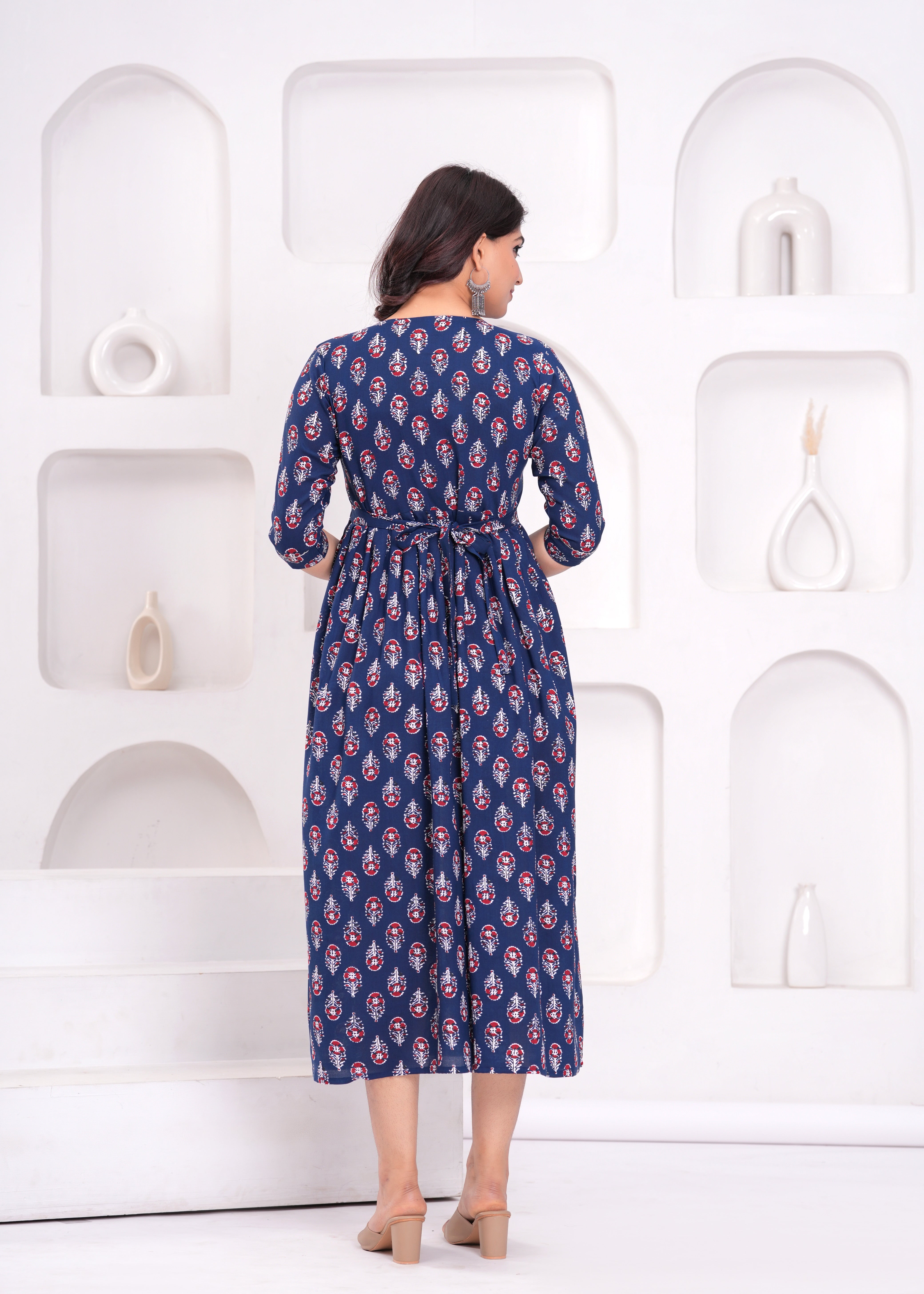 Dark Blue Printed Pure Rayon Cotton Maternity and Feeding Kurta