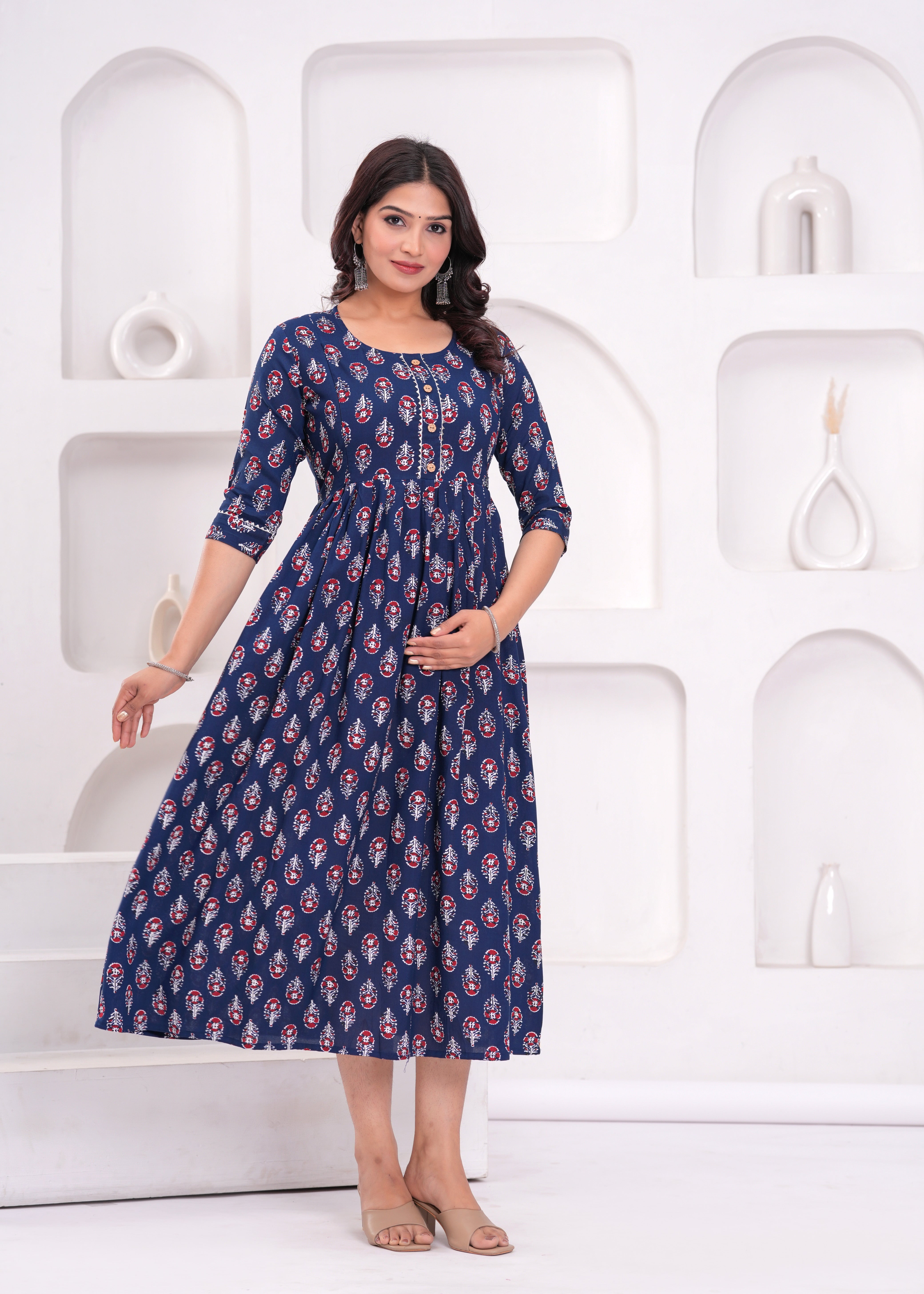 Dark Blue Printed Pure Rayon Cotton Maternity and Feeding Kurta