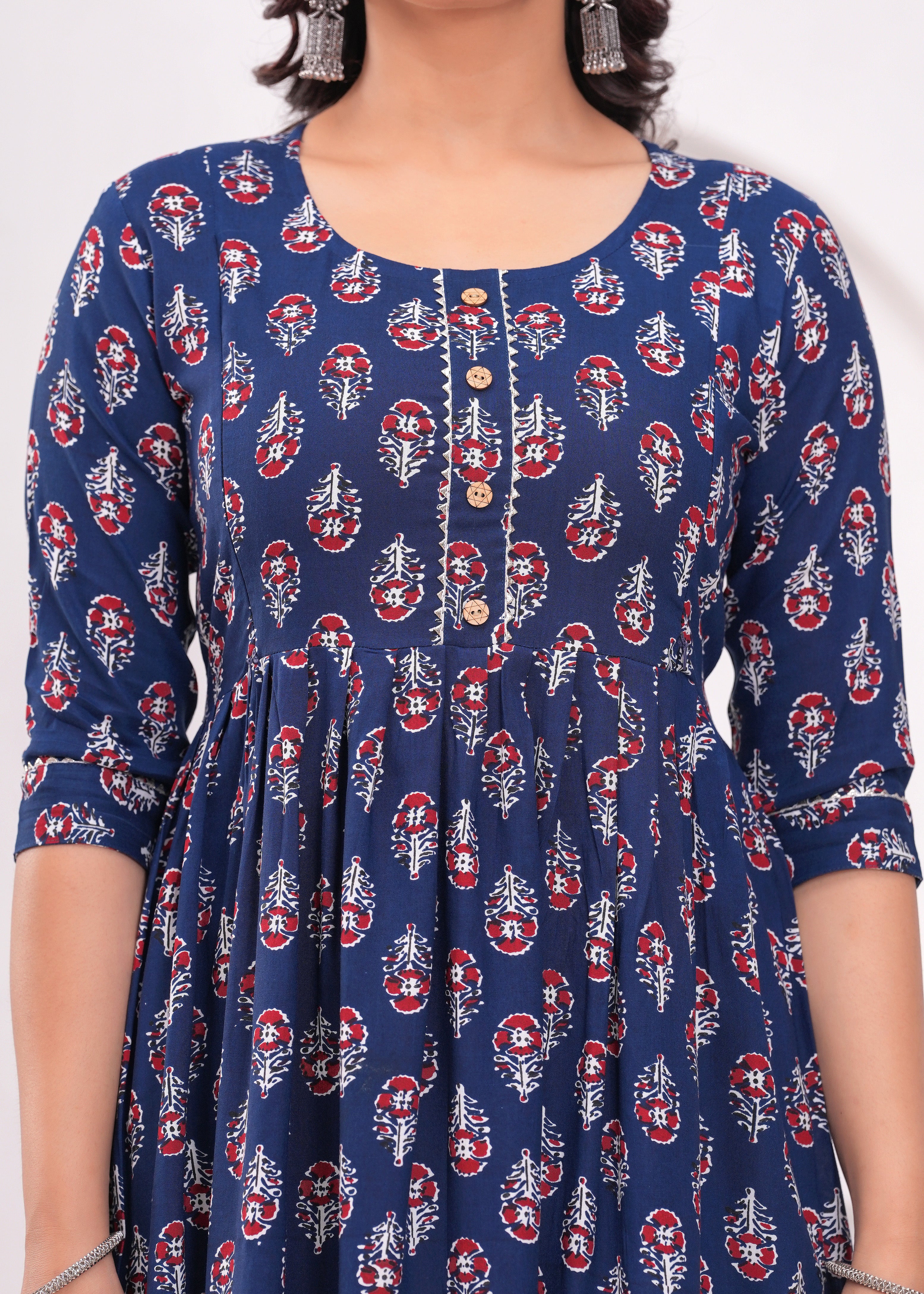 Dark Blue Printed Pure Rayon Cotton Maternity and Feeding Kurta