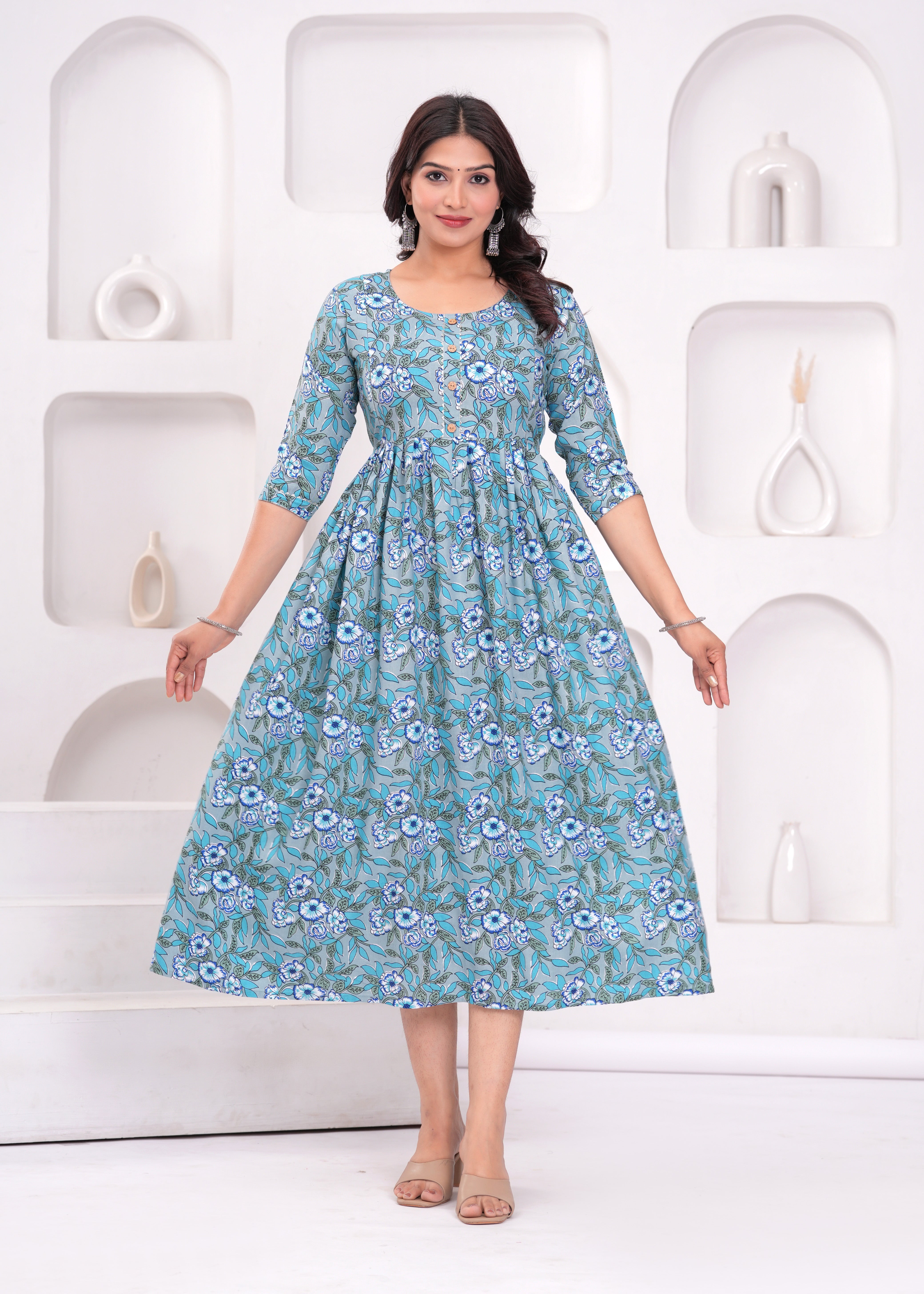 Aqua Blue Printed Pure Rayon Cotton Maternity and Feeding Kurta