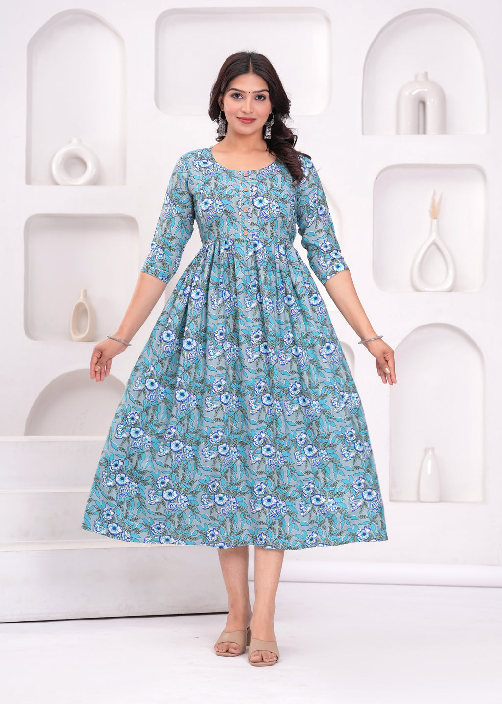 Aqua Blue Printed Pure Rayon Cotton Mateniry And Feeding Kurta