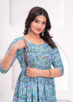 Aqua Blue Printed Pure Rayon Cotton Mateniry And Feeding Kurta