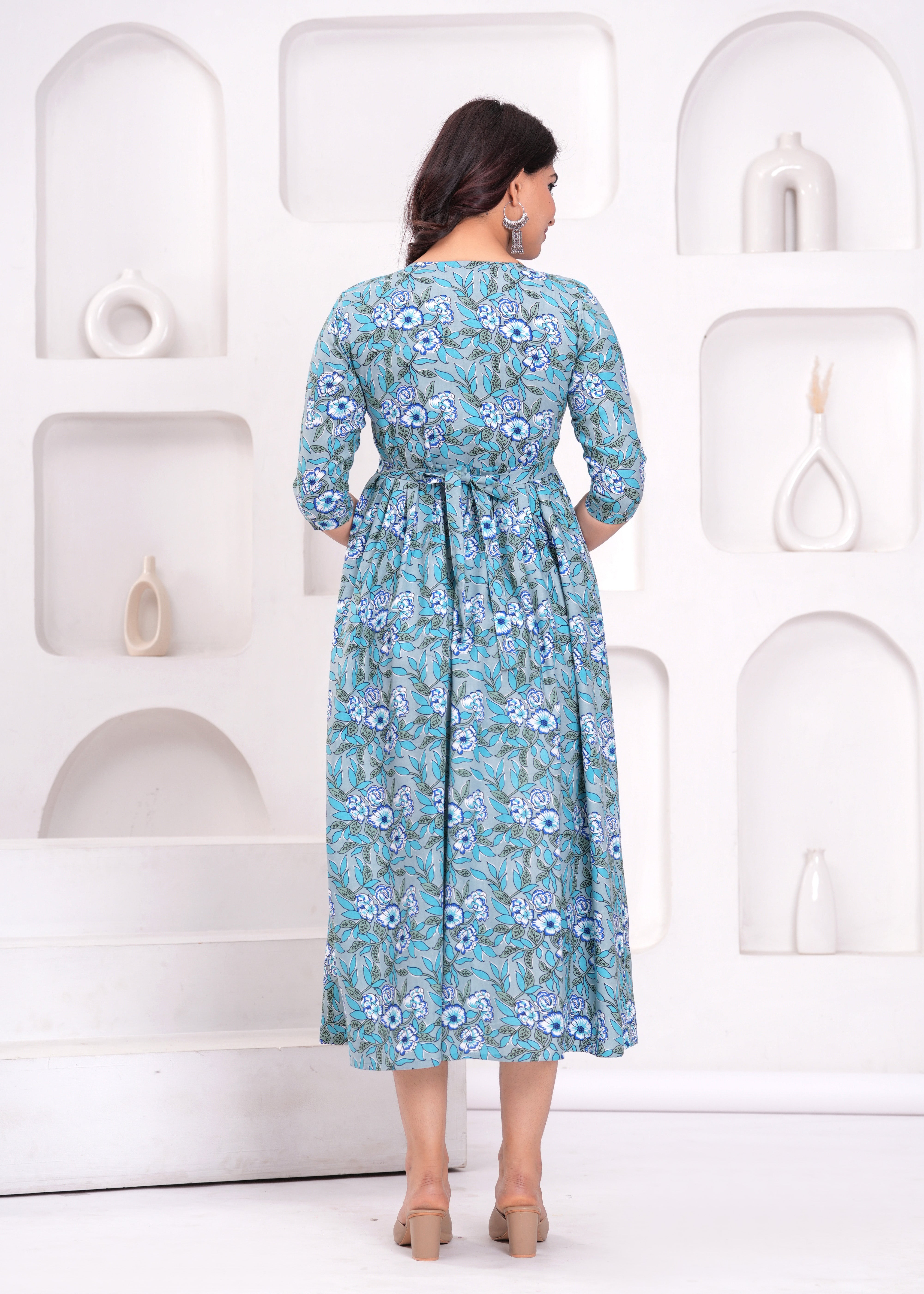 Aqua Blue Printed Pure Rayon Cotton Maternity and Feeding Kurta