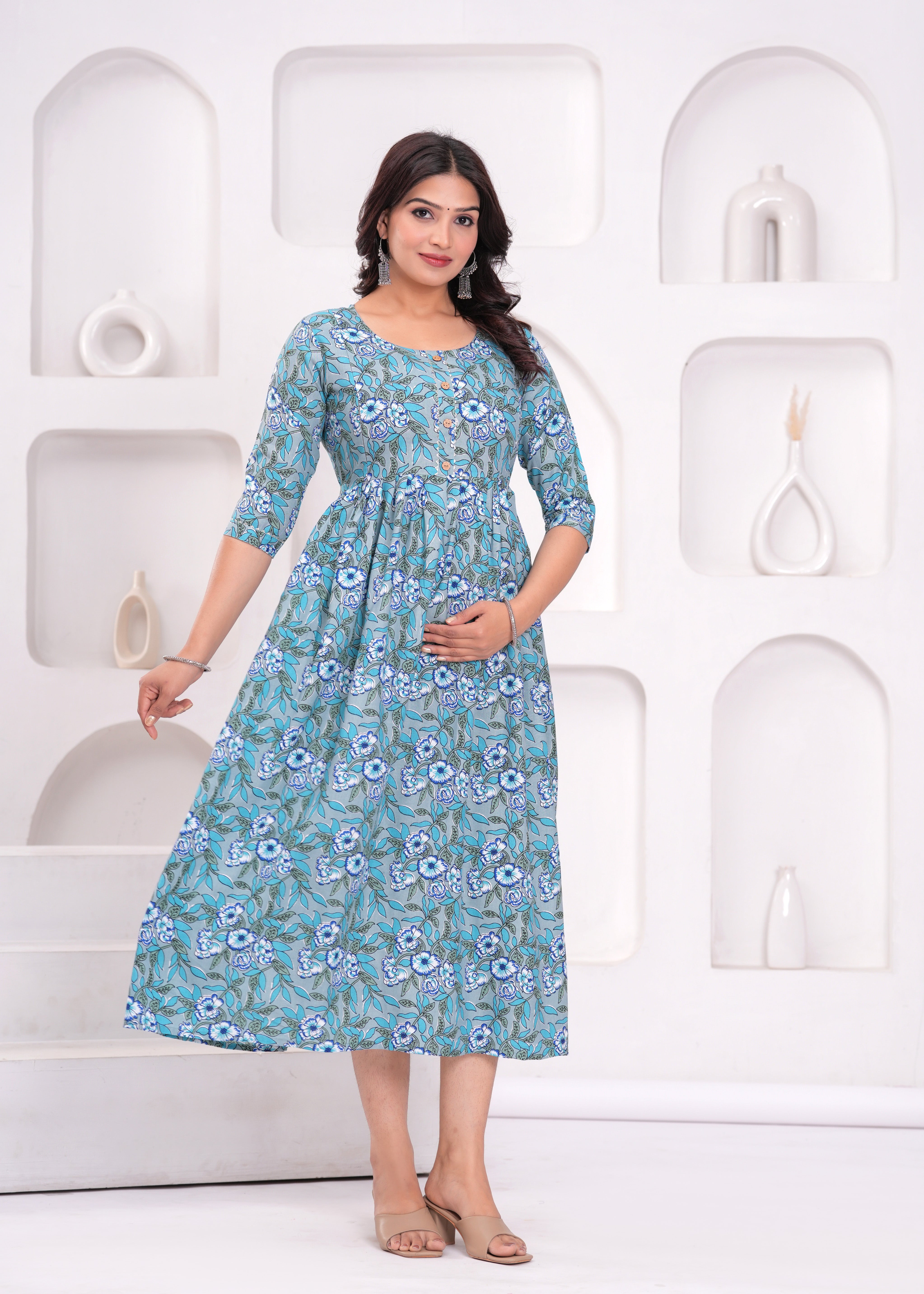 Aqua Blue Printed Pure Rayon Cotton Maternity and Feeding Kurta