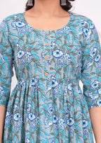 Aqua Blue Printed Pure Rayon Cotton Mateniry And Feeding Kurta