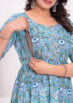 Aqua Blue Printed Pure Rayon Cotton Mateniry And Feeding Kurta