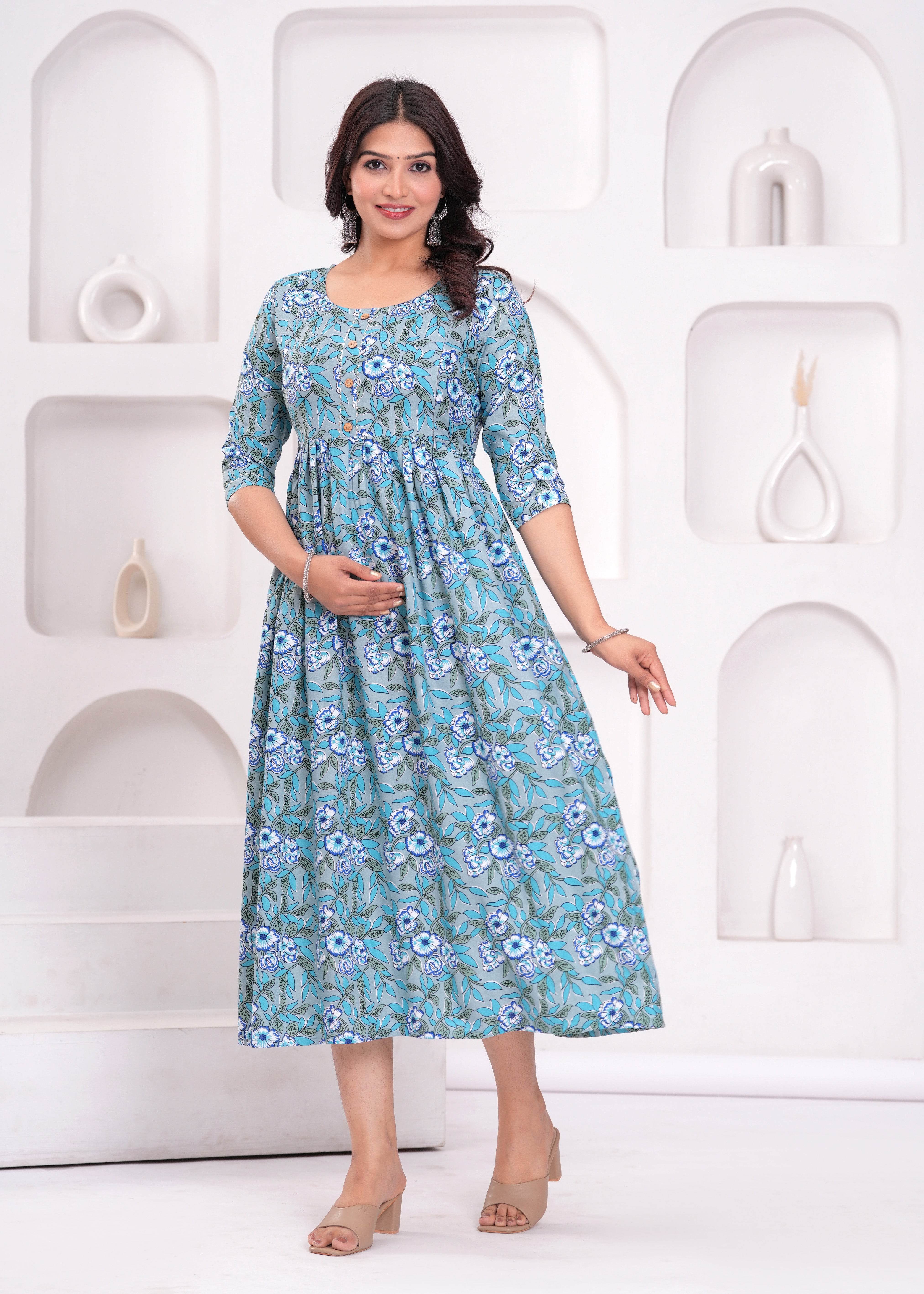 Aqua Blue Printed Pure Rayon Cotton Maternity and Feeding Kurta