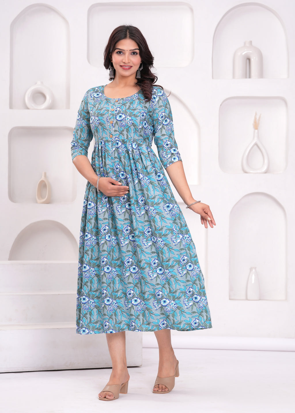 Aqua Blue Printed Pure Rayon Cotton Mateniry And Feeding Kurta
