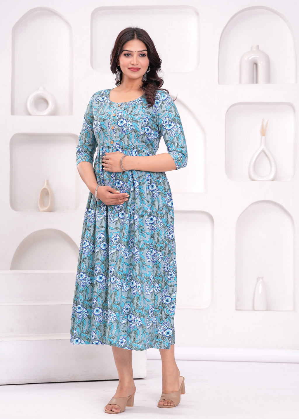 Aqua Blue Printed Pure Rayon Cotton Mateniry And Feeding Kurta
