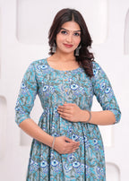 Aqua Blue Printed Pure Rayon Cotton Mateniry And Feeding Kurta