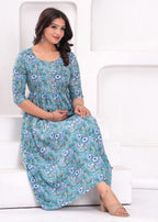 Aqua Blue Printed Pure Rayon Cotton Mateniry And Feeding Kurta