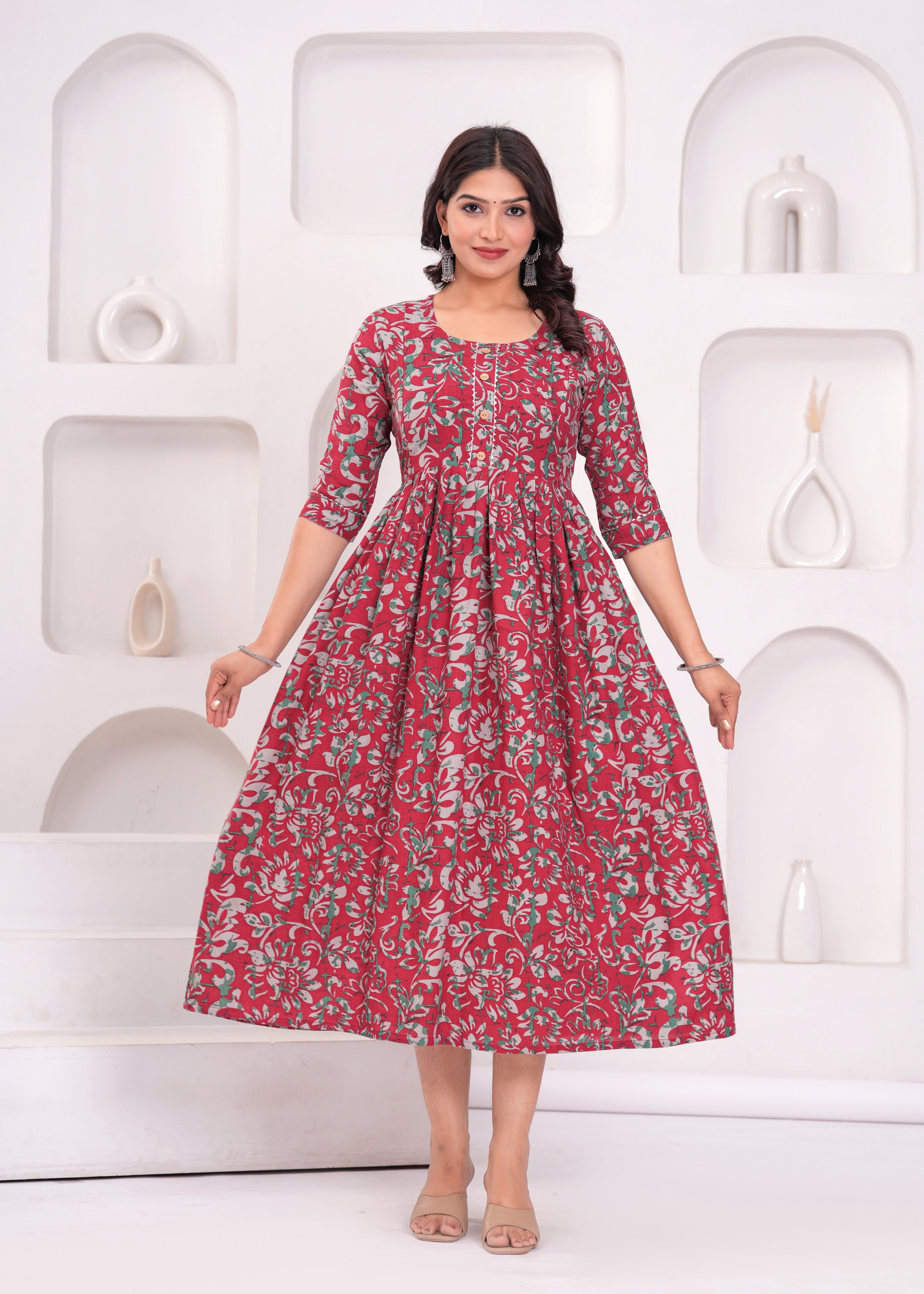 Deep Red Printed Pure Rayon Cotton Maternity and Feeding Kurta